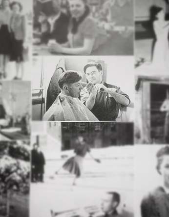 Surrounded by other pictures in a yearbook is a picture of "Little Lou the Barber" give someone a haircut.