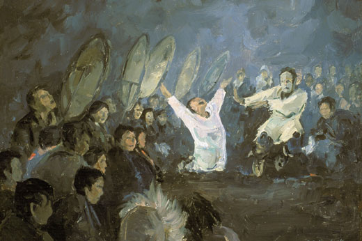 A painting of a Alaskan native dance.