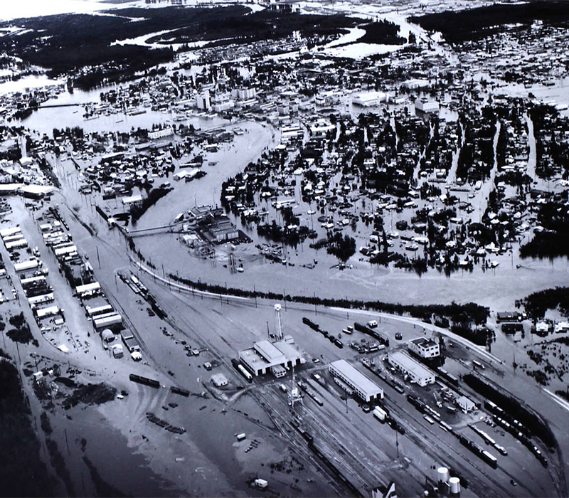 Downtown Fairbanks during the 1967 flood. A Chevron service station is on the right.