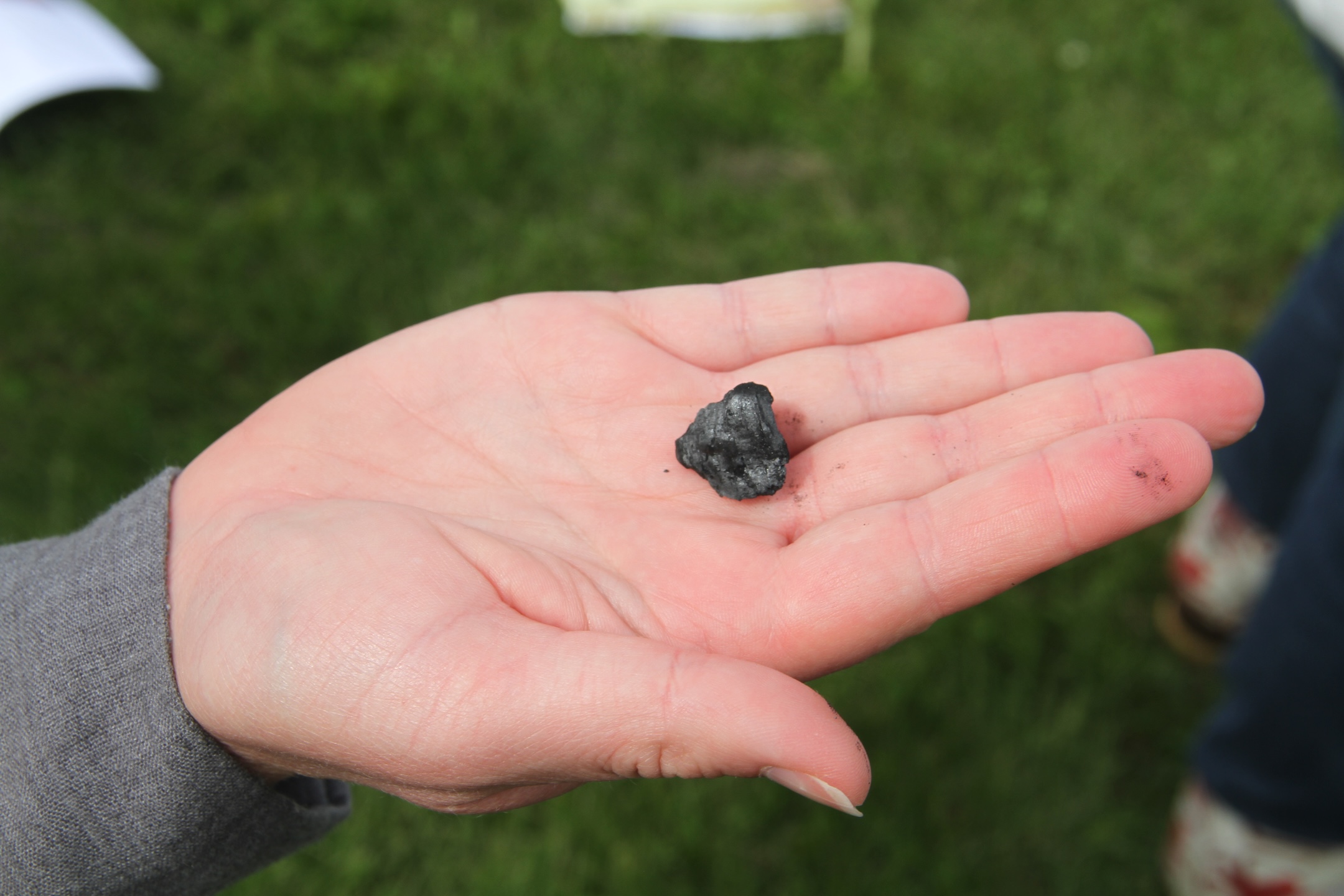 A person holds a small nugget of biochar material