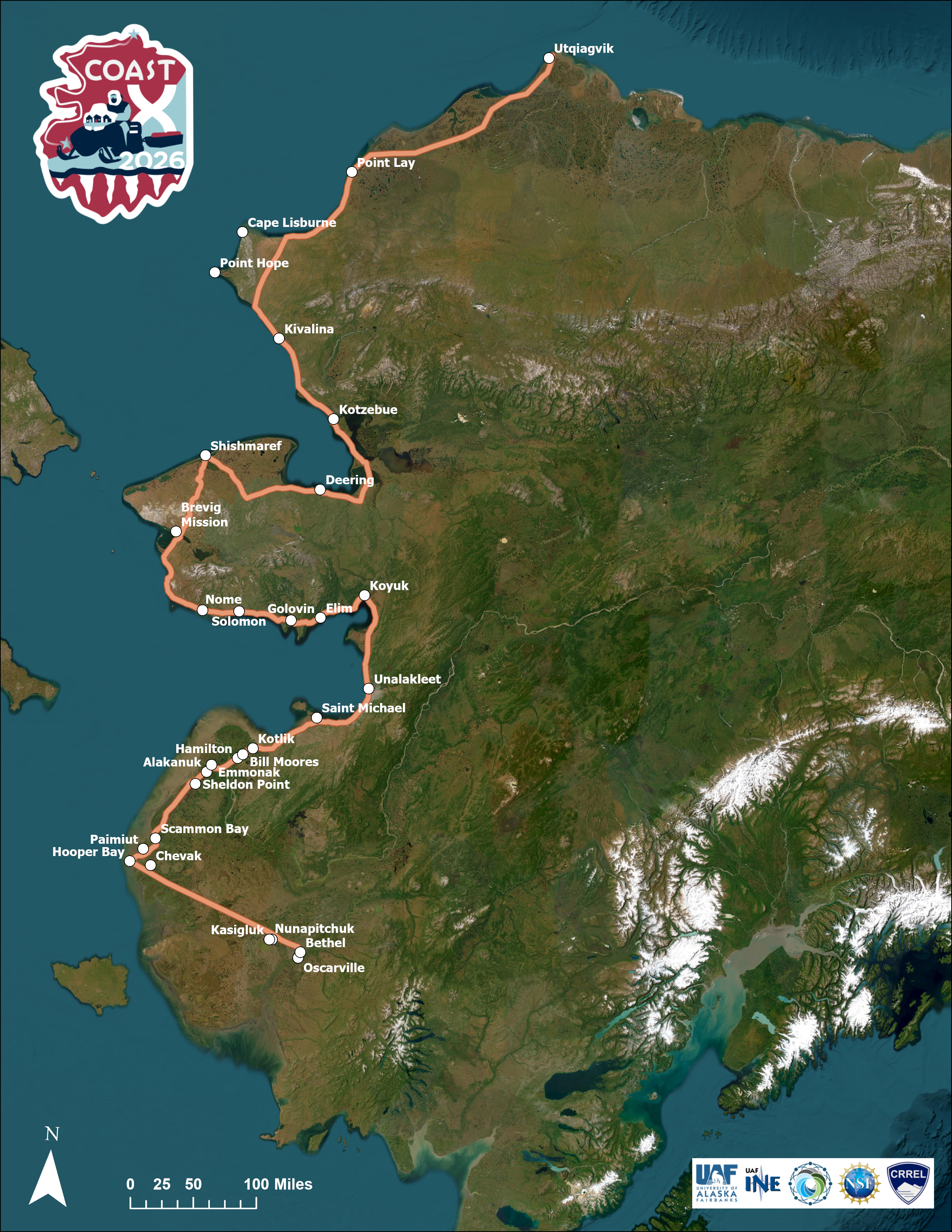A map of western and northern Alaska shows the COAST-X 2026 expedition route connecting coastal communities from Bethel north to Utqiaġvik, with labeled stops including Hooper Bay, Nome, Kotzebue and Point Lay. 
