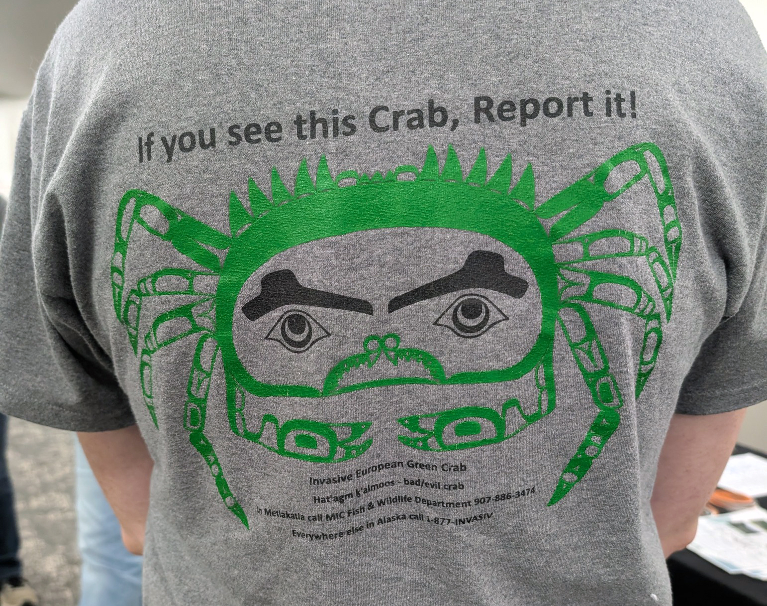 A person wears a gray T-shirt with a green stylized crab and the words if you see this crab, report it.