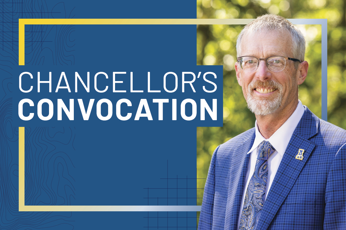 Headshot of UAF Chancellor Dan White surrounded by a blue box with gold border and the words Chancellor's Convocation in white text in the blue area next to the chancellor.