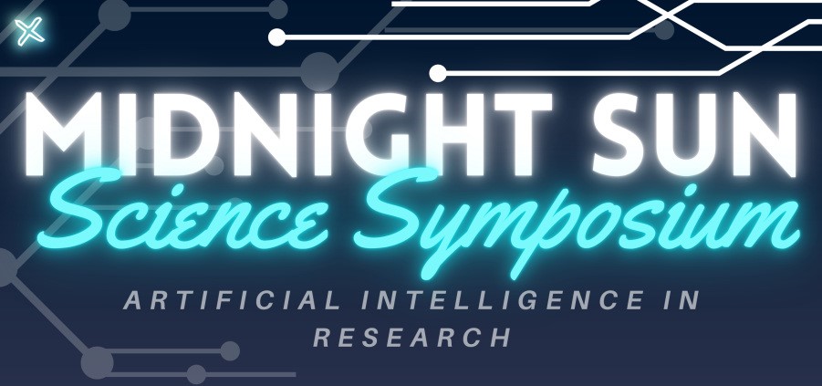 Graphic that says midnight sun science symposium with blue graphic elements in the background