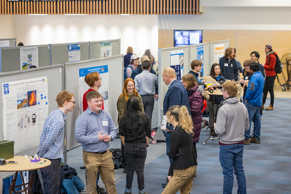 UAF students who participated in the 2024-25 URSA Grant Research year present their undergrad projects during the RCA Day event in the Great Hall of the Fine Arts Building, April. 1, 2025.