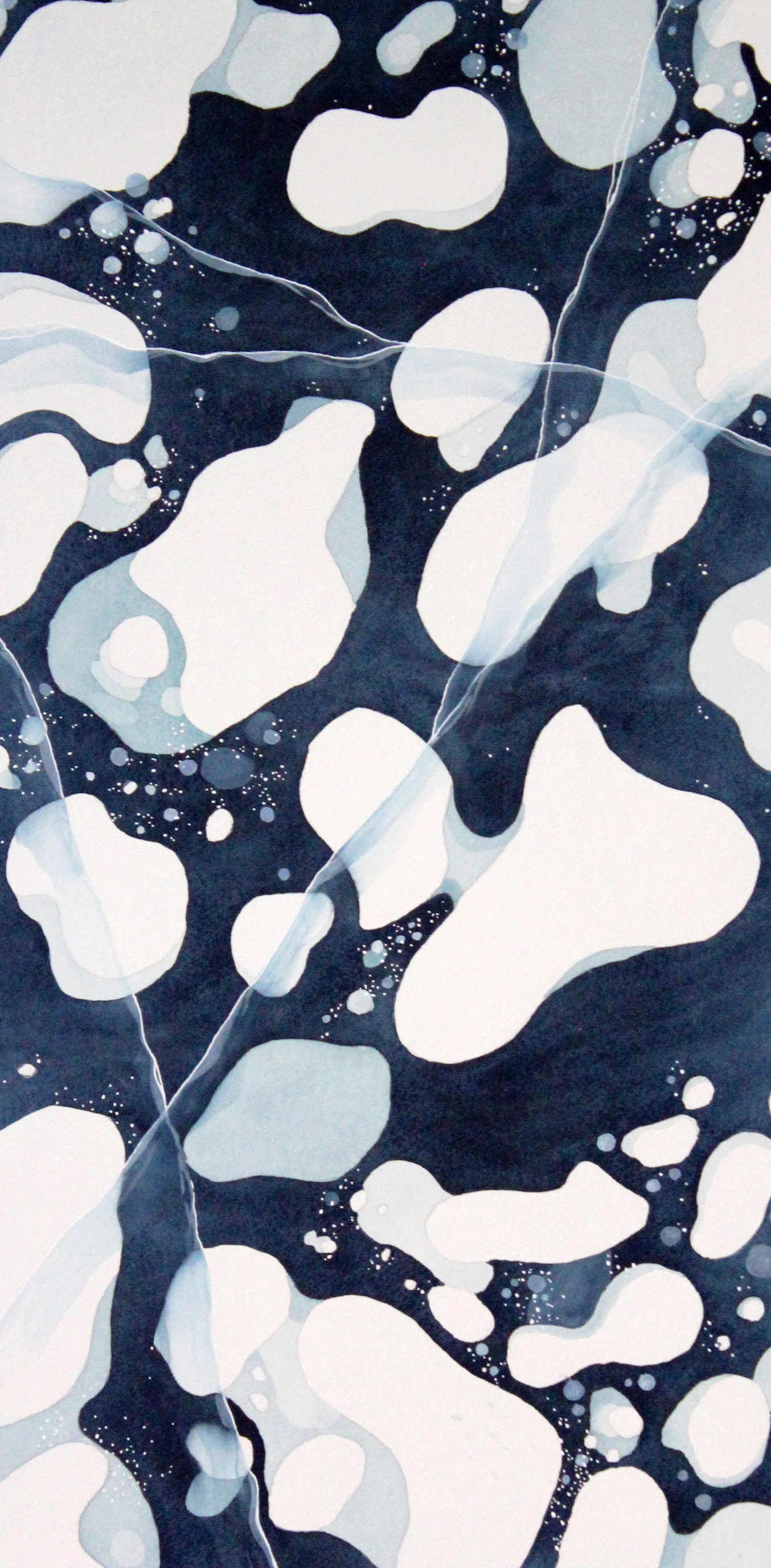 Image by Jill Ritchie. A watercolor painting depicts methane bubbles trapped under ice. 