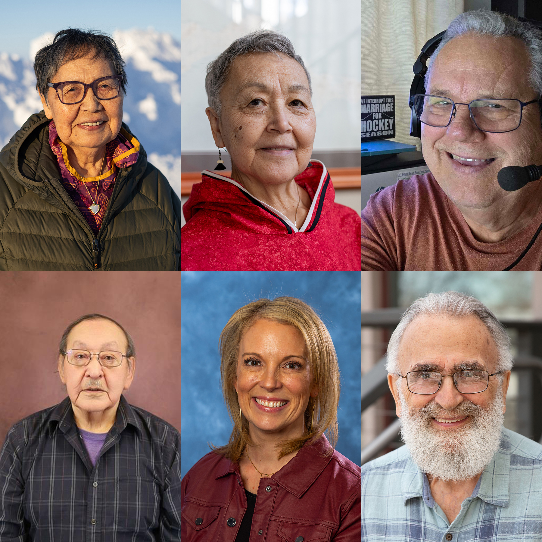 A composite image composed of portraits of Aġnik Polly Schaeffer, Vera Kingeekuk Metcalf, Bruce Cech, Maurice “Morris” McGinty, Lisa Putnam and Jack Wilbur