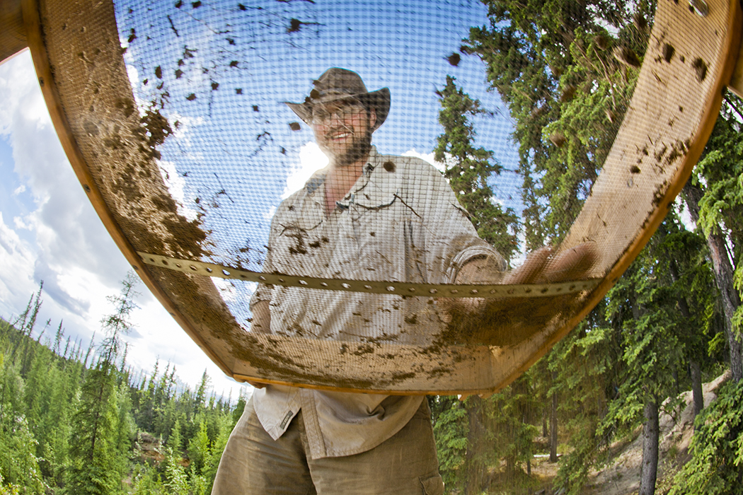 Joey Sparaga sifts dirt through a sieve while participating in an archeological field camp at a dig site near Delta Junction.