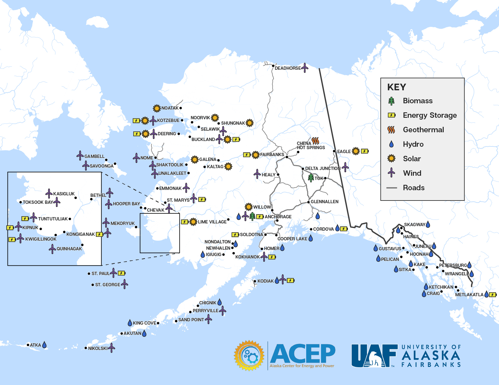 A map of existing renewable energy projects in Alaska