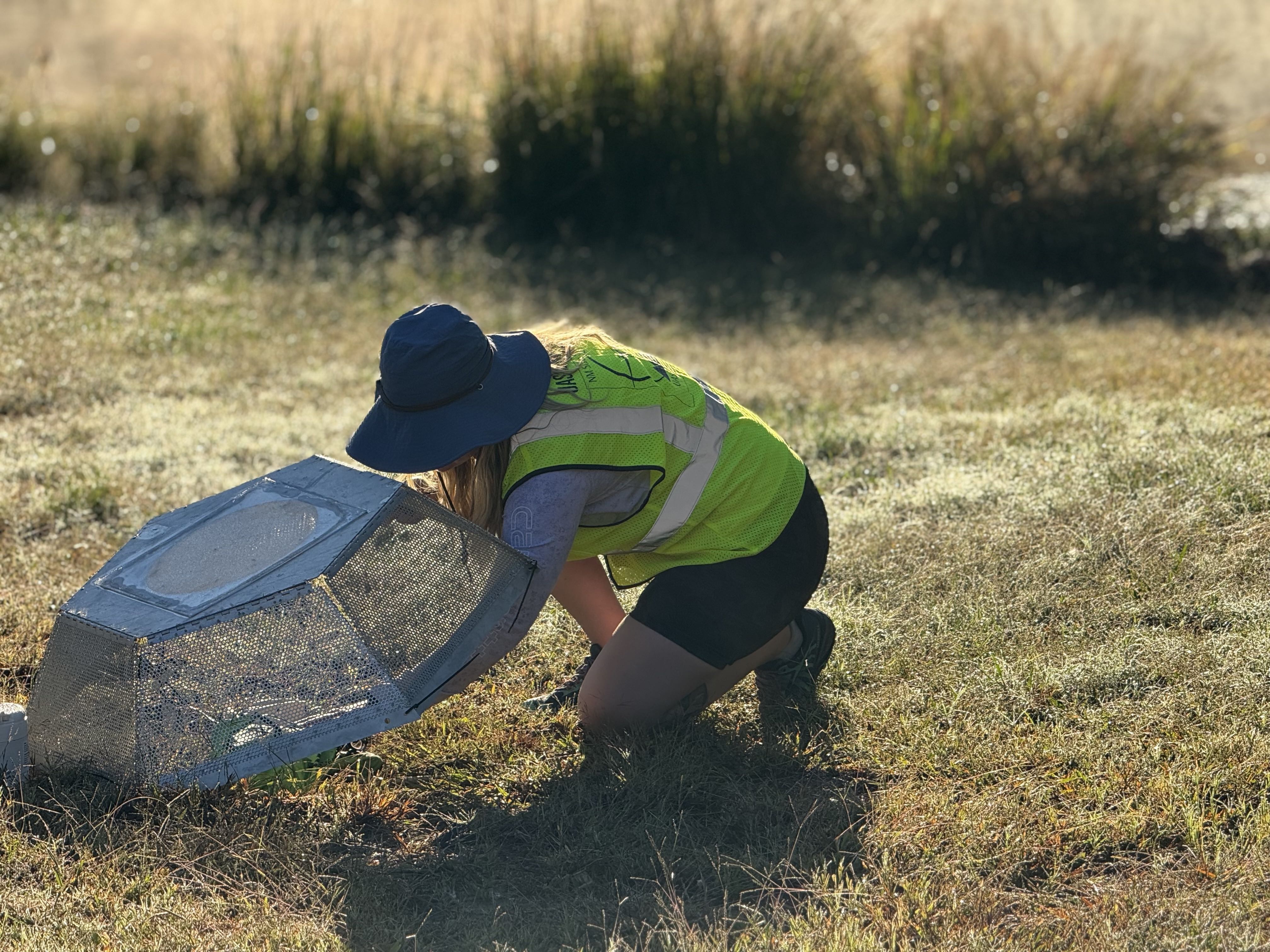 Joanne Heslop, an engineer with the Wilson Alaska Technical Center, kneels in a grassy field wearing a wide-brim hat and high-visibility vest as she places a mesh-covered instrument on the ground during a 2025 drone testing program in Mississippi.