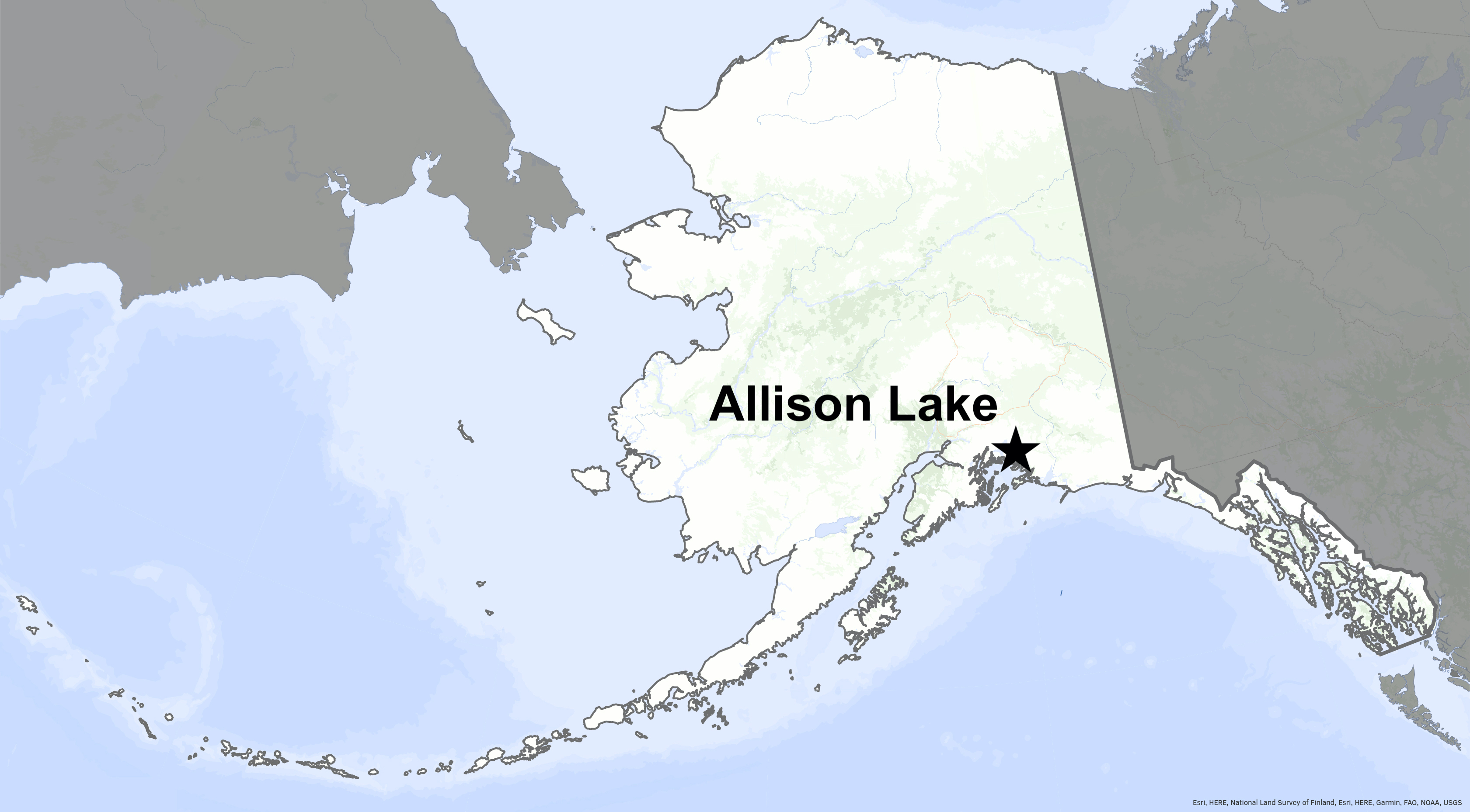 A star on a map of Alaska indicates the location of Allison Lake near the southern central coast.