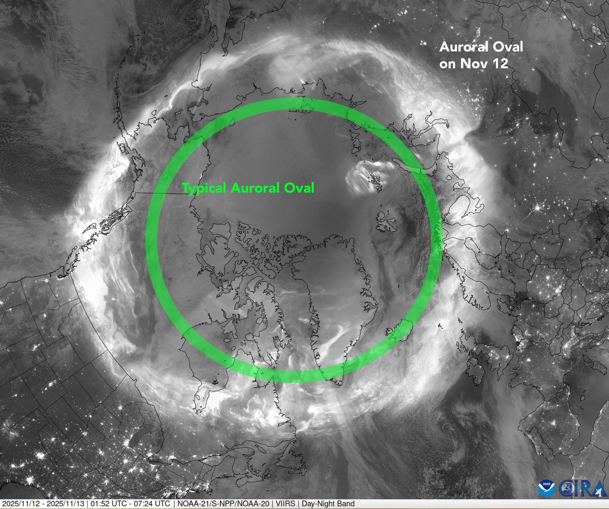 A bright oval representing aurora appears on a satellite image of the northern portions of the Northern Hemisphere. A green circle is imposed on the image.