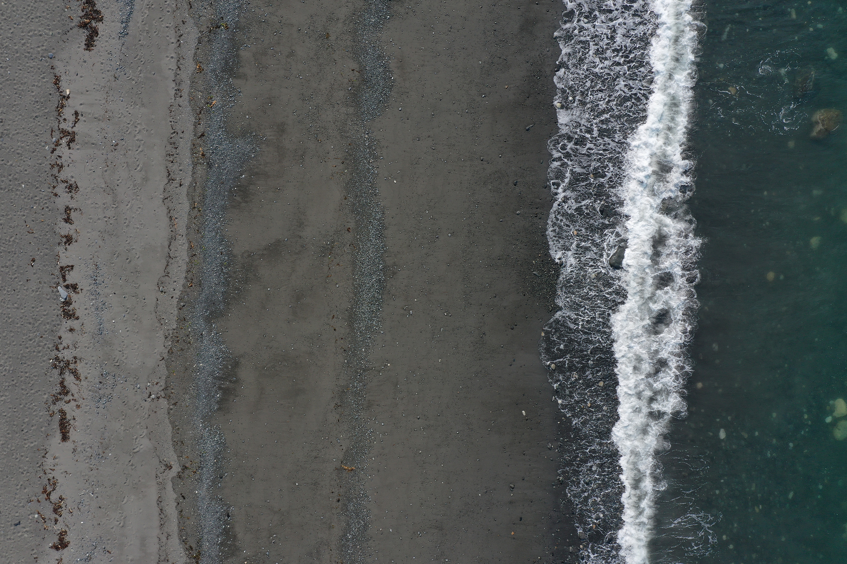 A wrack line and outgoing tide wave action is seen at Bluff Point in Kachemak Bay.