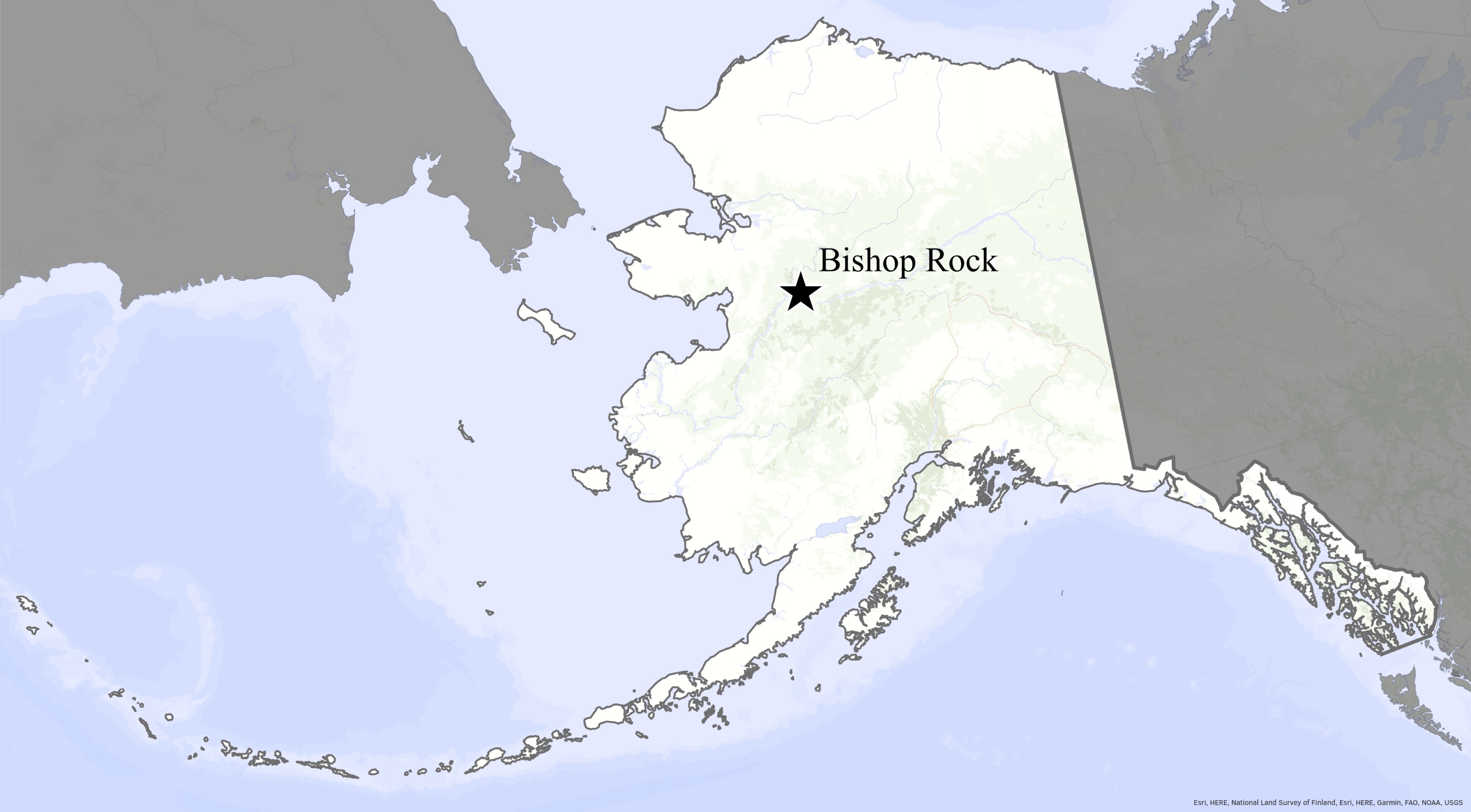 A map features a star indicating the location of Bishop Rock in west-central Alaska.