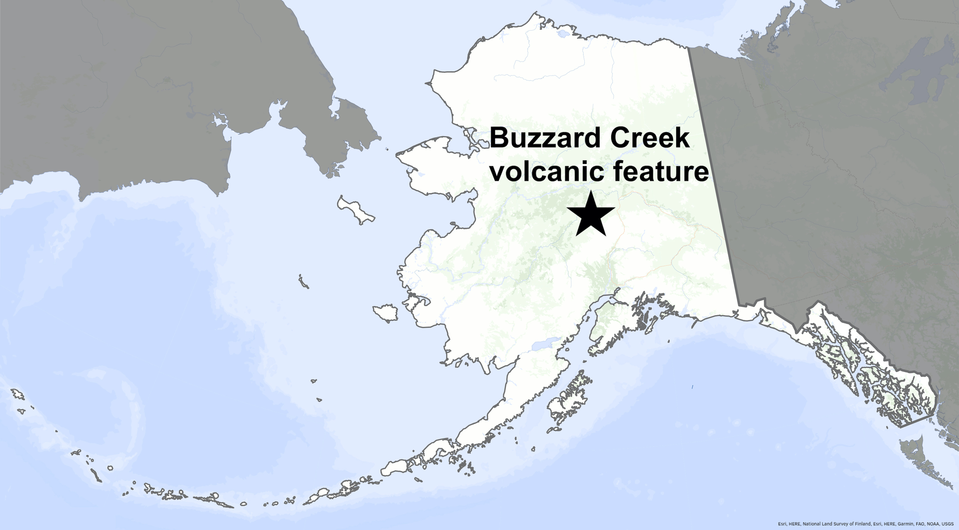 A star on a map marks the location of the Buzzard Creek maars in central Alaska.