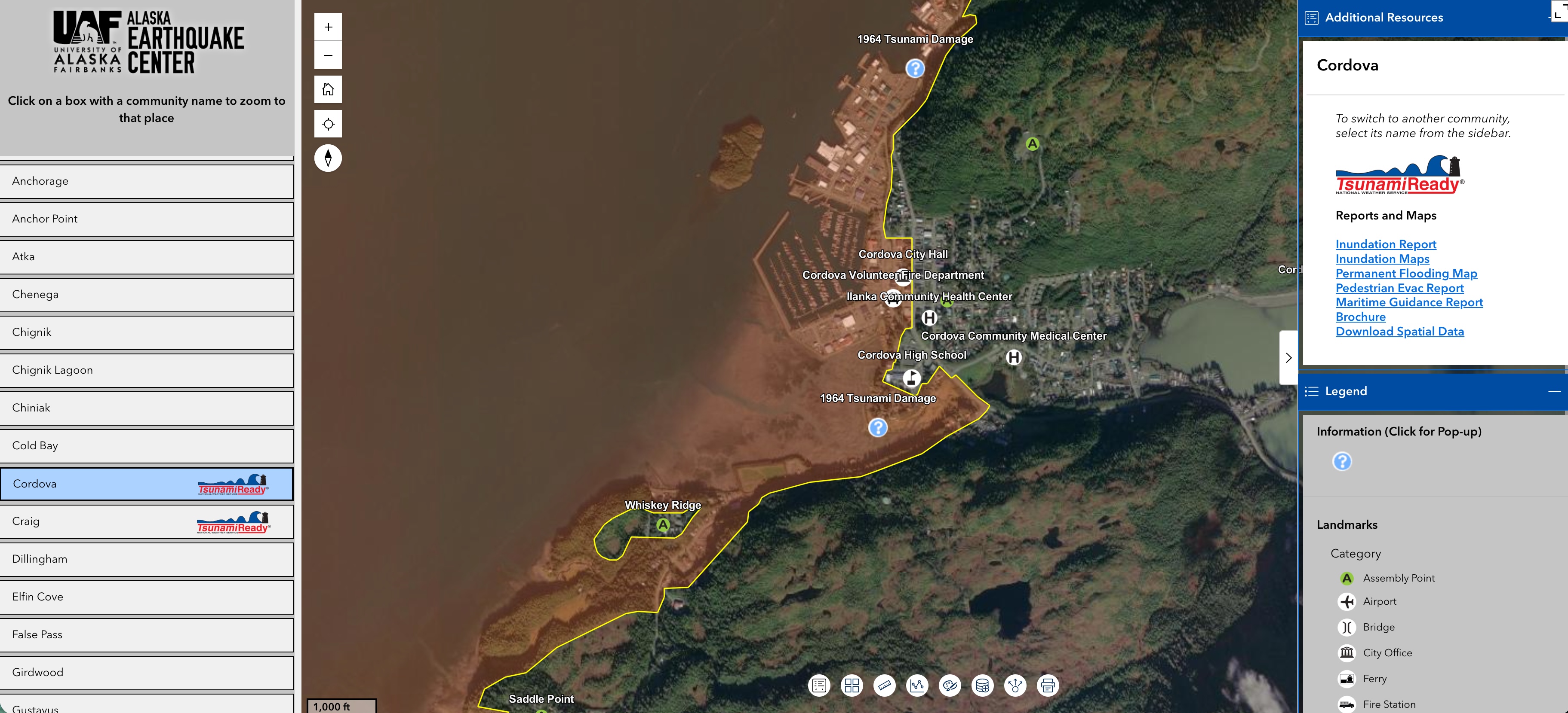 Screenshot of the Alaska Earthquake Center’s interactive tsunami hazard map centered on Cordova, Alaska. A satellite image shows the community, harbor and surrounding forested terrain, with a yellow boundary tracing the tsunami hazard area along the shoreline. Brown shading covers areas that could be affected by tsunami flooding. Labels identify Cordova City Hall, the volunteer fire department, health facilities, Cordova High School, Whiskey Ridge and locations of 1964 tsunami damage. A sidebar lists Alaska coastal communities, while panels on the right provide Cordova-specific reports, maps, resources and a legend for landmarks and assembly points.