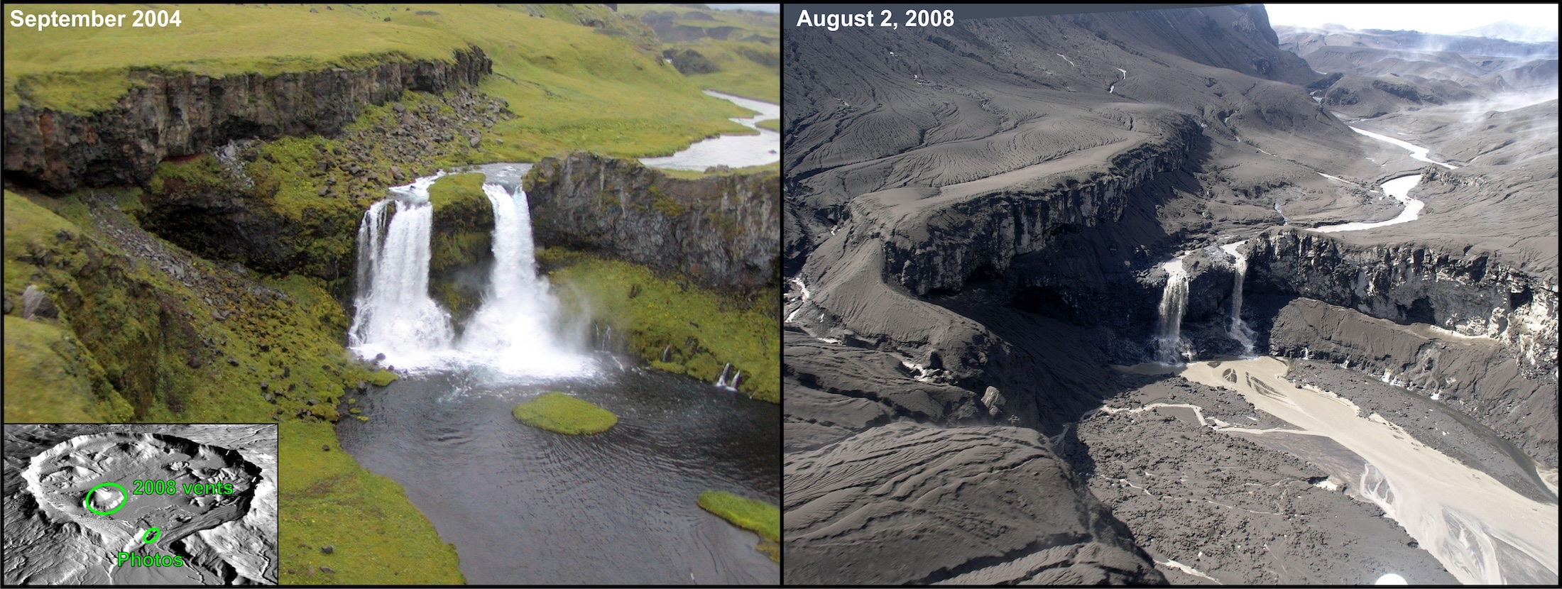 Side-by-side photos show, at left, a waterfall in a green landscape and, at right, the same waterfall in a gray landscape of ash.