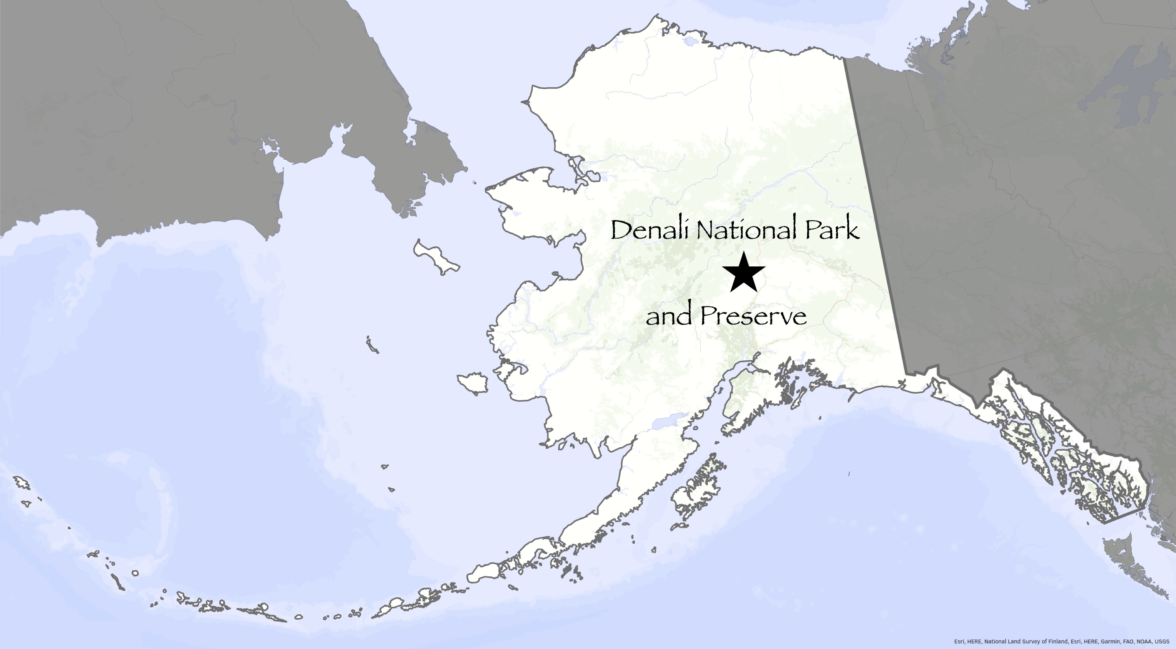 A star near the center of a map of Alaska indicates the location of Denali National Park and Preserve.