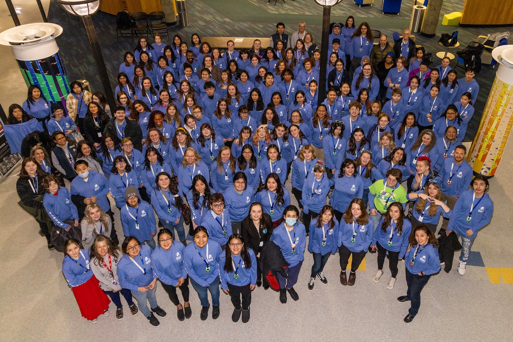Participants of the 2023 Educators Rising Alaska Conference gathered for a group photo, which was held on the UAF Troth Yeddha' Campus.