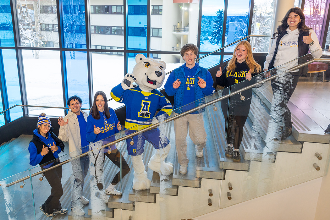 UAF students Cynphany Henderson, Aidan Payan, Kelli Wright, Nook, Nolan Beeler, Lilly Varney and Ashlynn Gutzman.