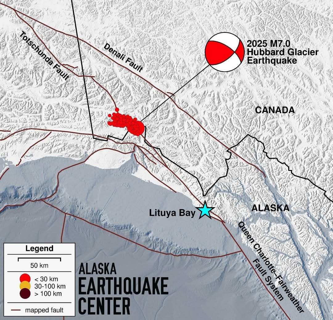 A map of the northern end of Southeast Alaska features red dots indicating the location of the Dec. 6, 2025, Hubbard Glacier earthquake and associated aftershocks.