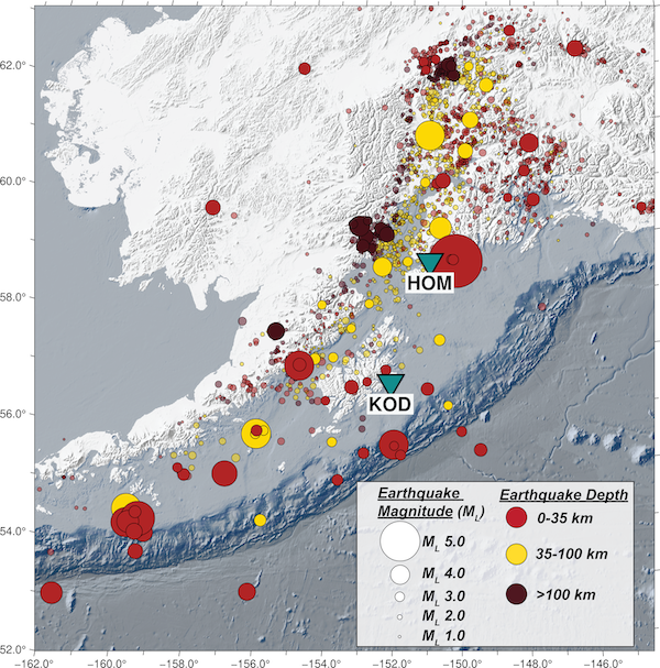 A black-and-white map of Southcentral and Southwest Alaska features numerous colored circles representing earthquakes of different sizes.