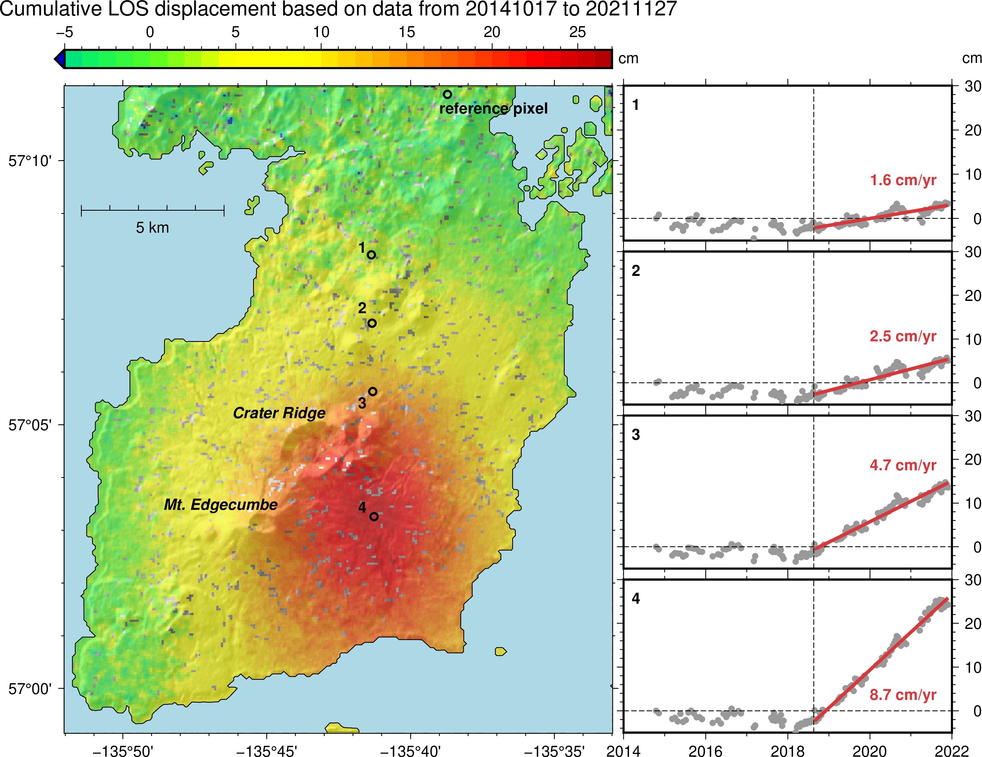 Image shows ground uplift near Mount Edgecumbe volcano