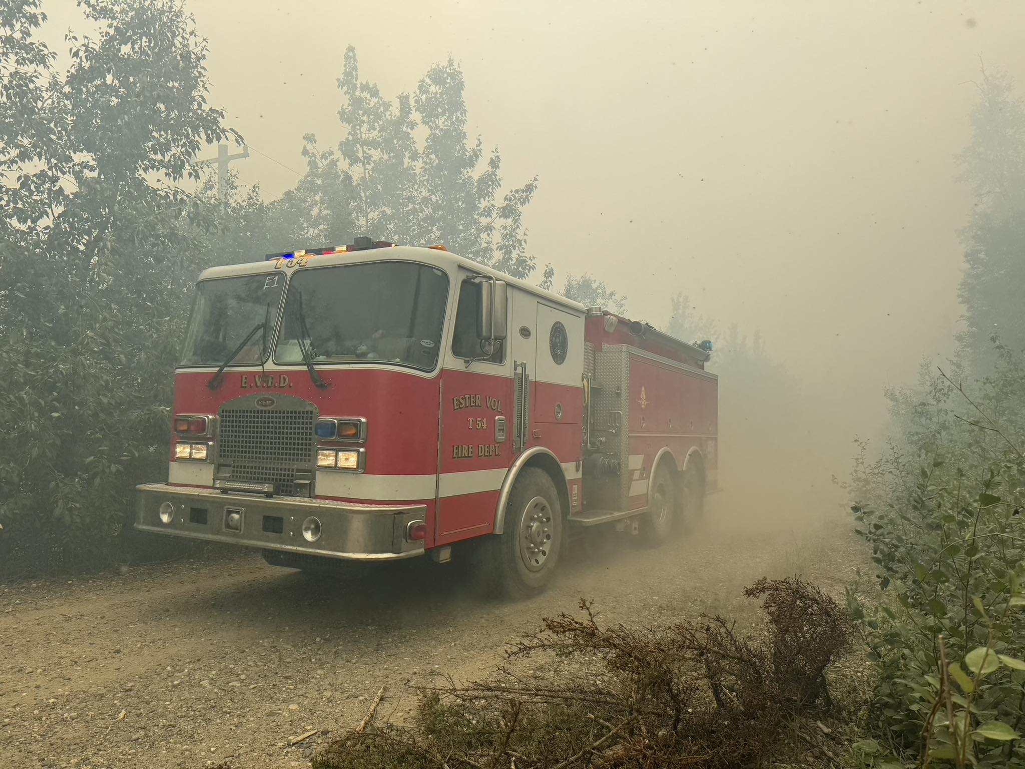An Ester Volunteer Fire Department engine joins efforts to suppress the Nenana Ridge Complex fires on July 2, 2025. Photo courtesy of the Alaska Division of Forestry
