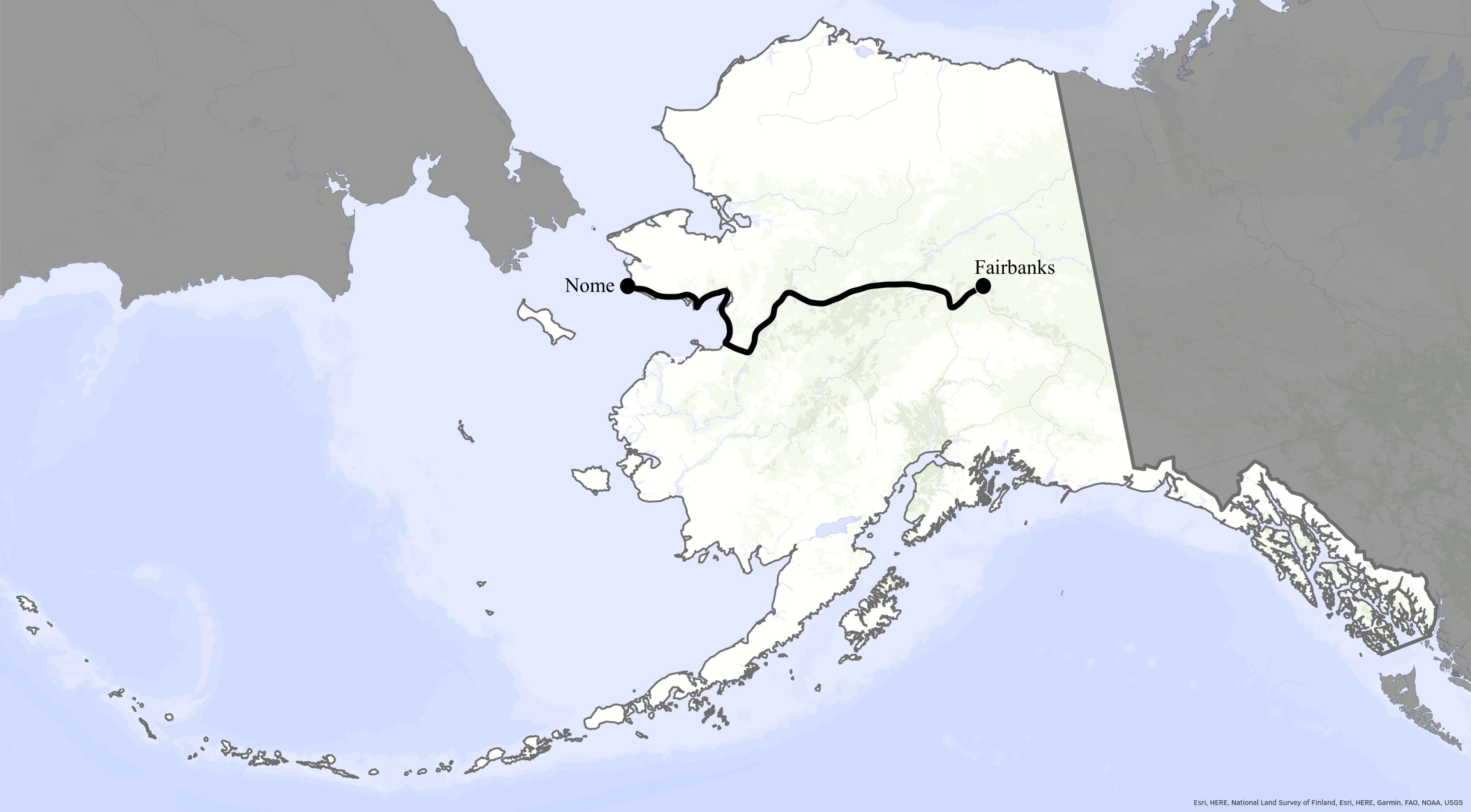 A black line across the center of a map of Alaska shows the route between Fairbanks and Nome. 