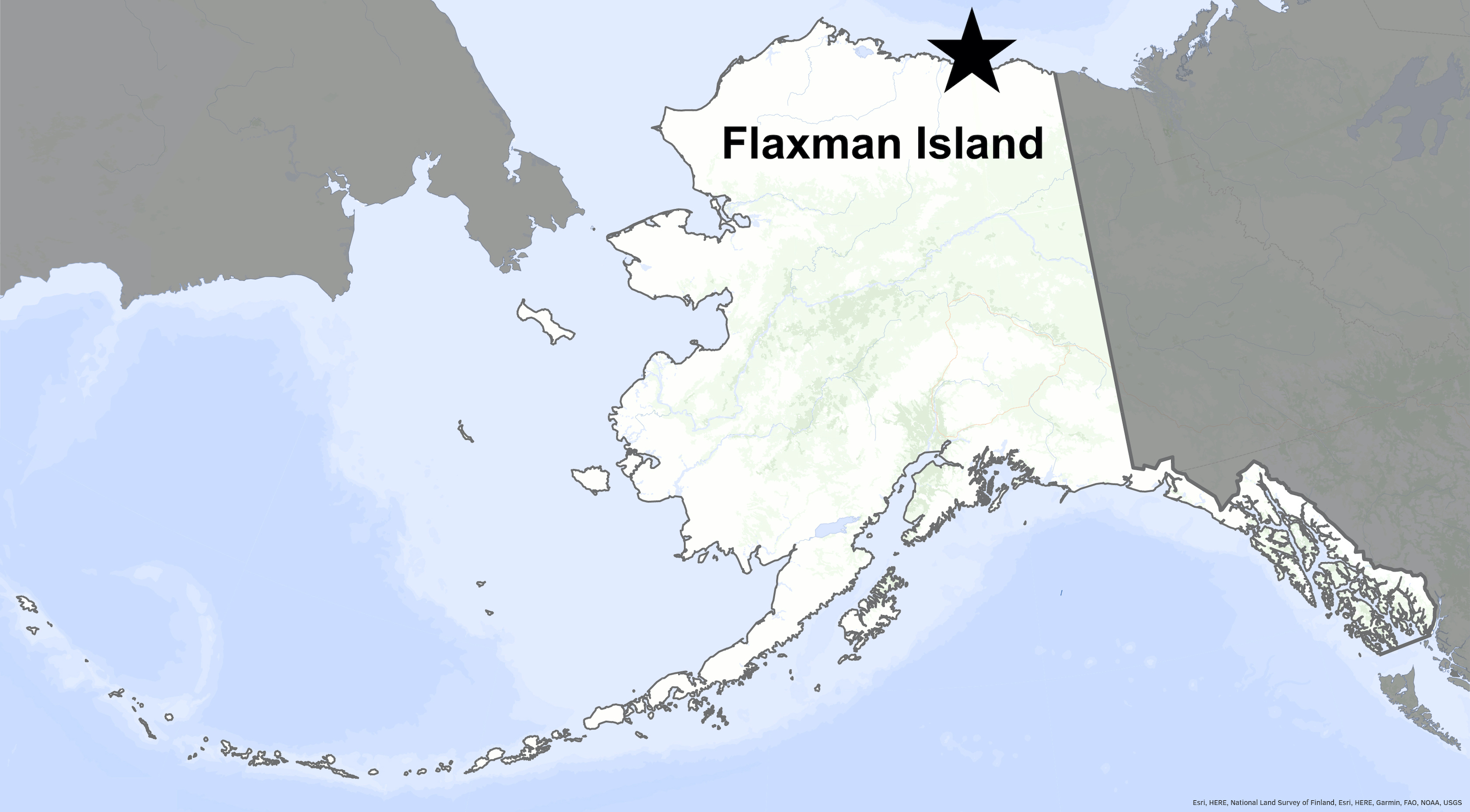 A star on a map of Alaska shows the location of Flaxman Island off the northern coast.