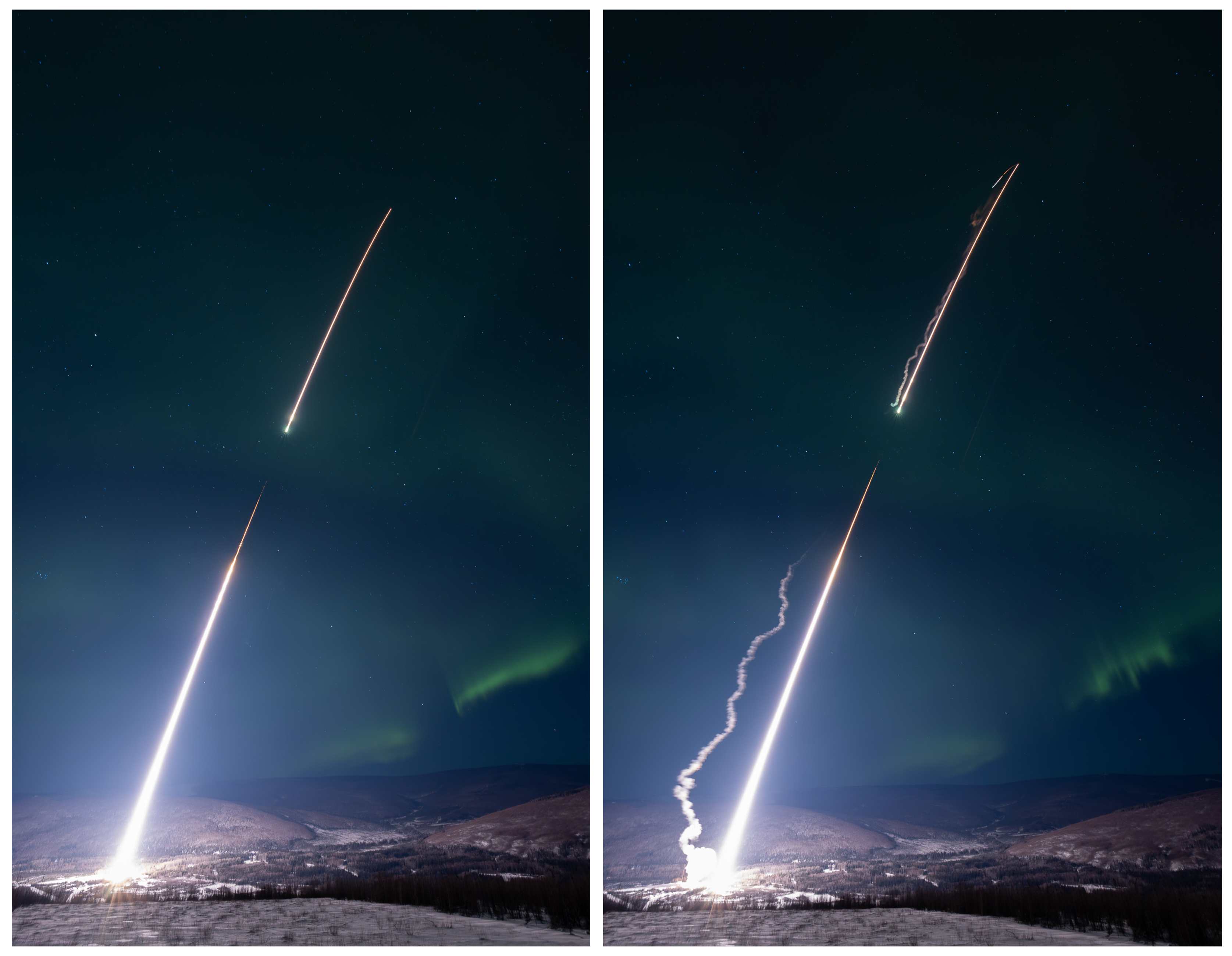 Two side-by-side images show NASA sounding rockets launching 30 seconds apart from Poker Flat Research Range, their bright trails rising past a faint aurora.