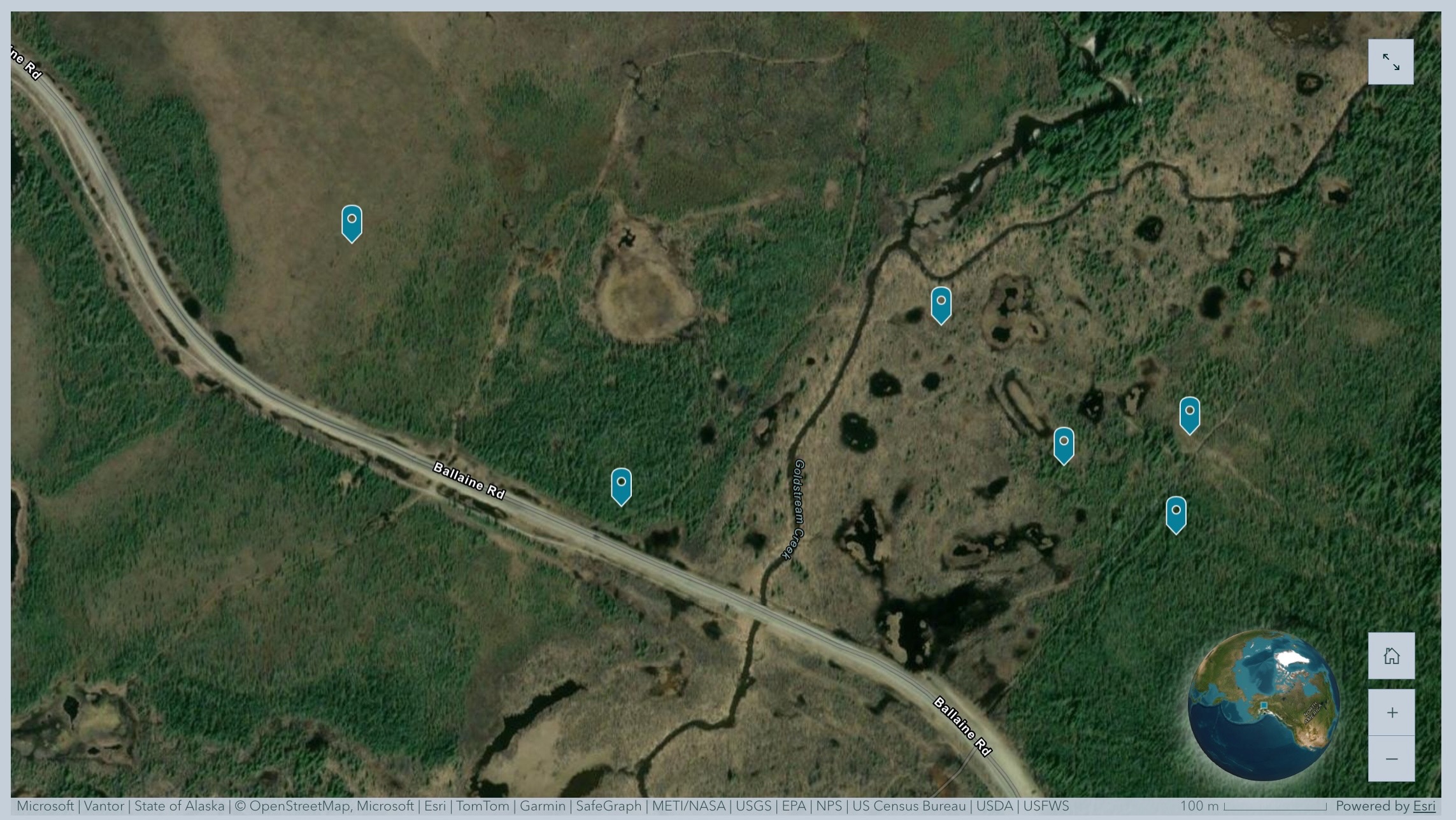 Satellite-style interactive map of the Goldstream Valley near Fairbanks shows Ballaine Road running across the scene and Goldstream Creek winding through wetlands and forest. Six markers indicate locations where a team from the University of Alaska Fairbanks and the Desert Research Institute acquired permafrost samples.