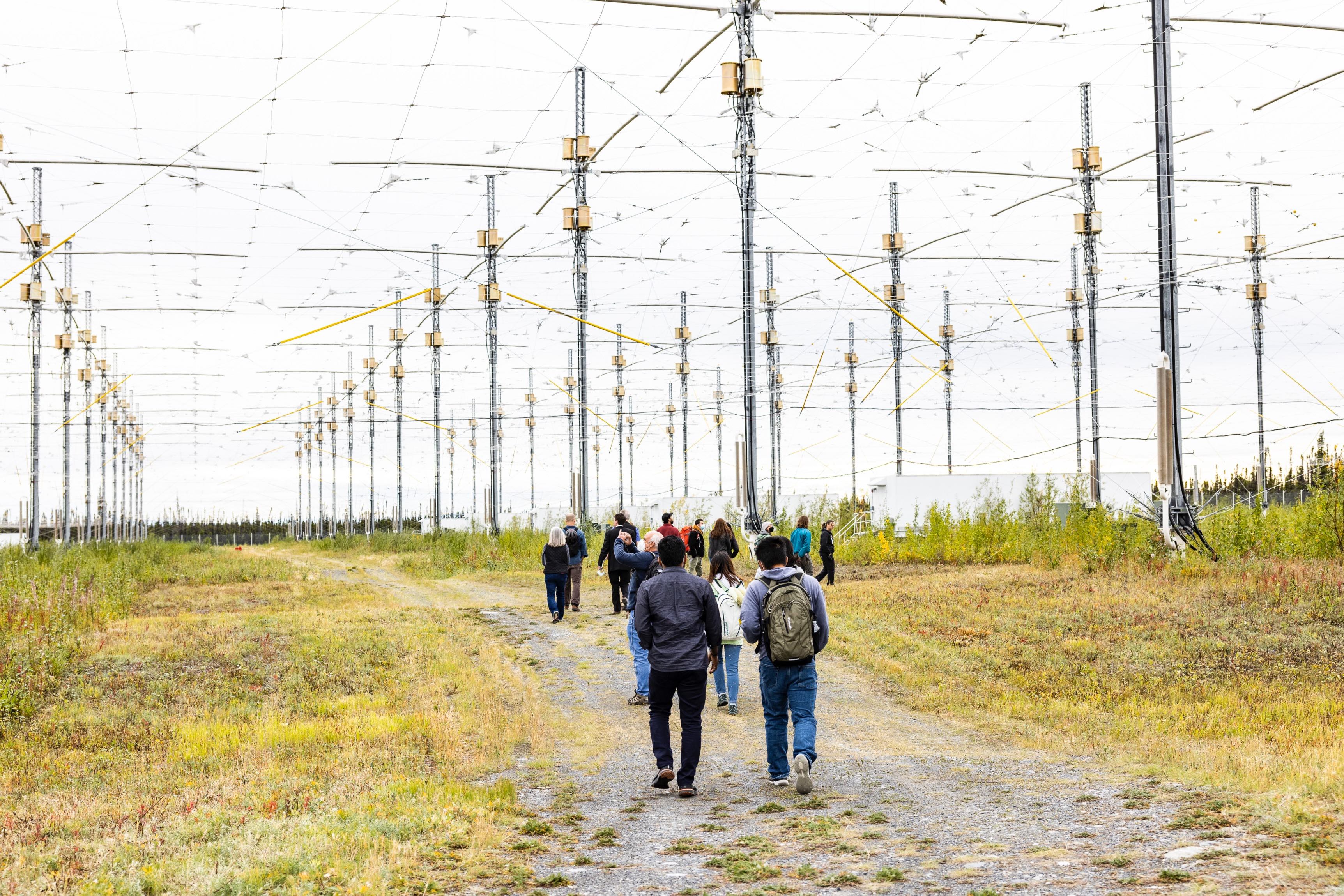 Visitors walk to antenna array