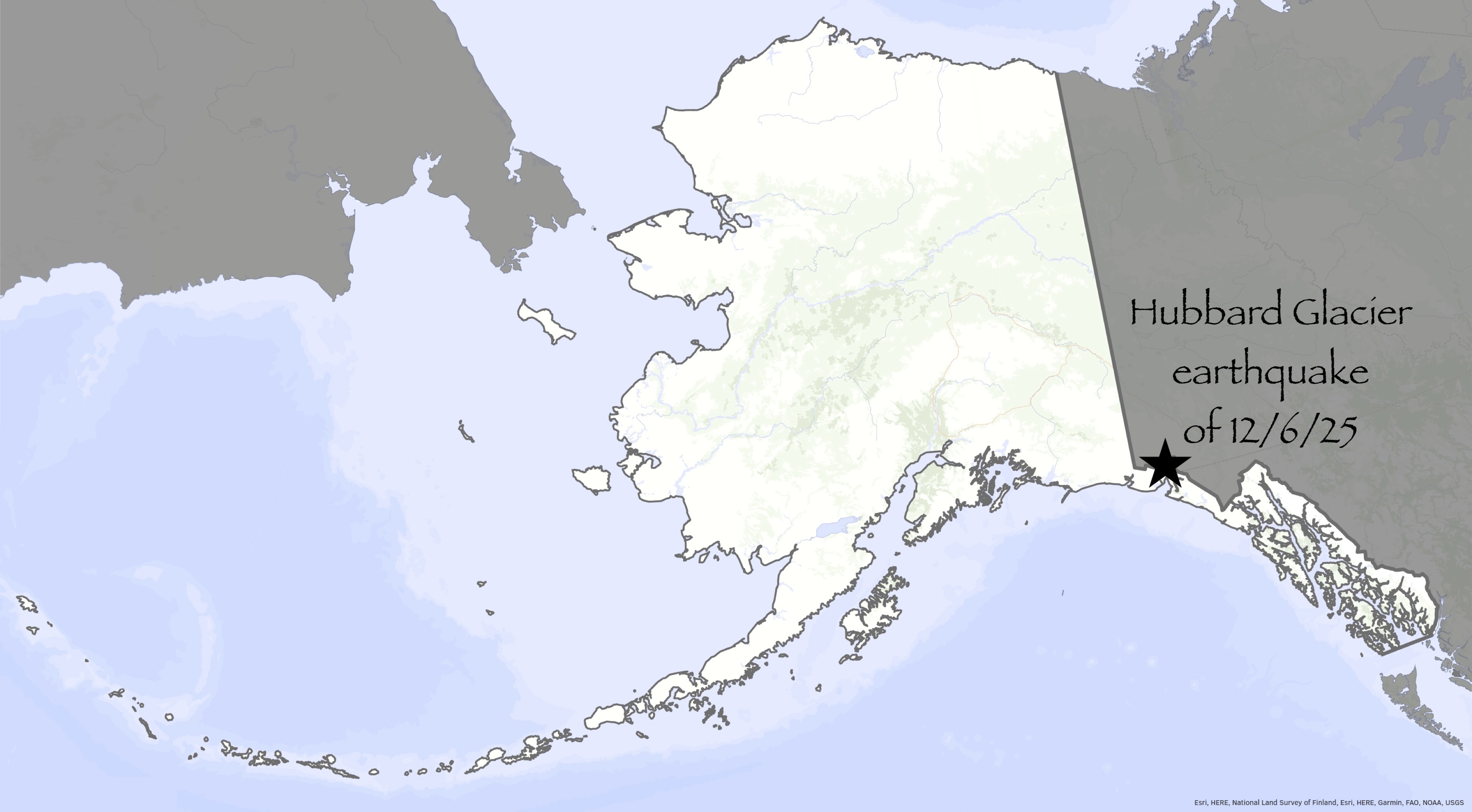 A map of Alaska features a star at the north end of the southeastern panhandle that indicates the epicenter of the Dec. 6, 2025, Hubbard Glacier earthquake.