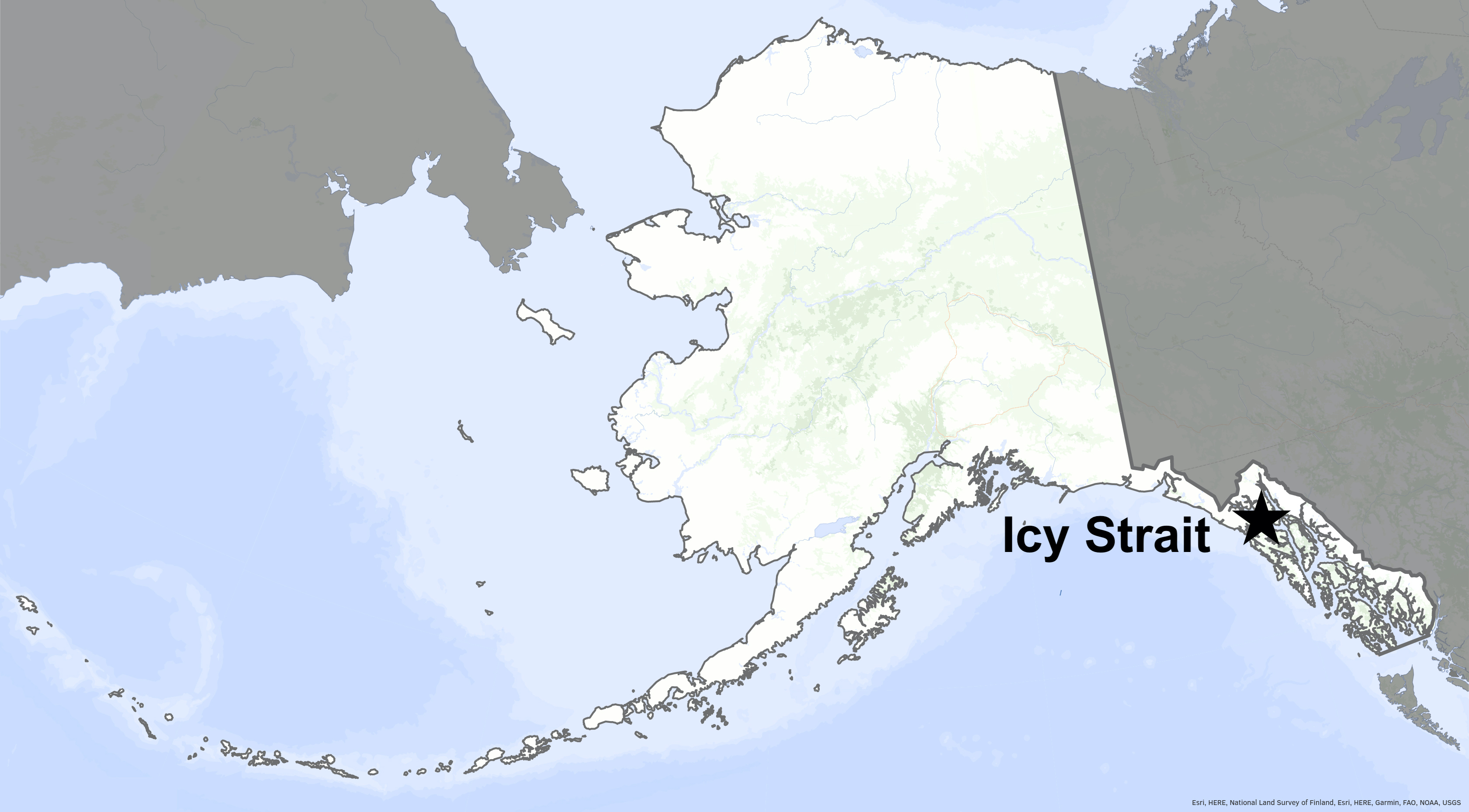 A star on a map of Alaska marks the location of Icy Strait in Southeast Alaska.