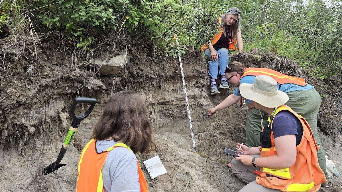 A group of people in orange safety vests looks at a small vertical bluff of exposed dirt.