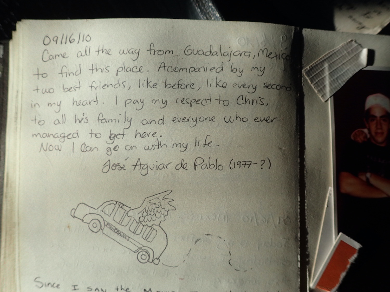 Writing in a journal expresses the thoughts of Jose Aguiar de Pablo, who came from Guadalajara, Mexico, to visit the bus in 2010. "Now I can go on with my life," he wrote. 