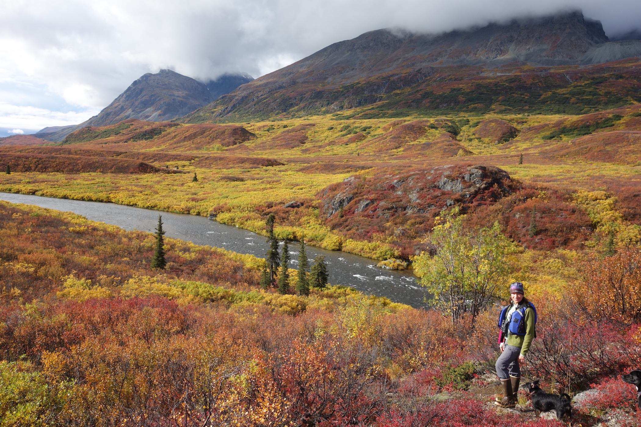 A woman and dog stand on orange- and red-hued mountainous tundra above a clear river.