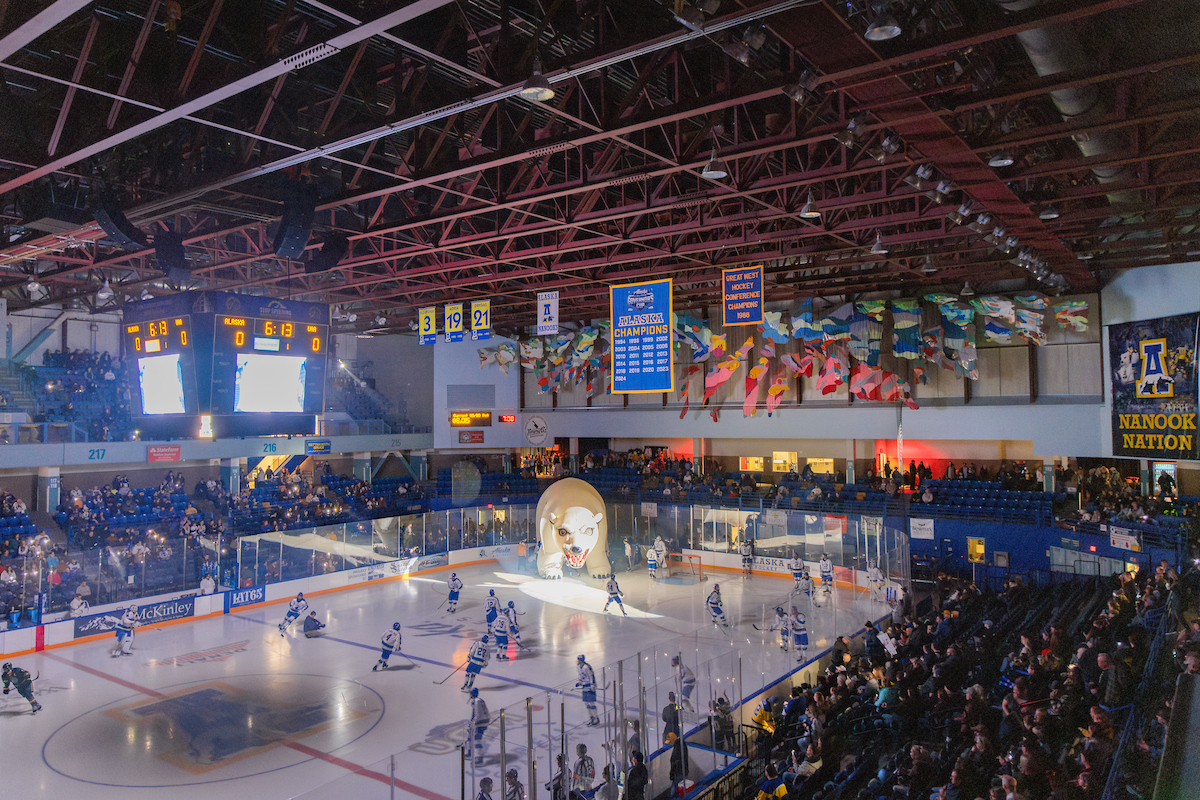 Players warm up just before the puck drops at the 2025 Alaska Airline's Governor's Cup game.