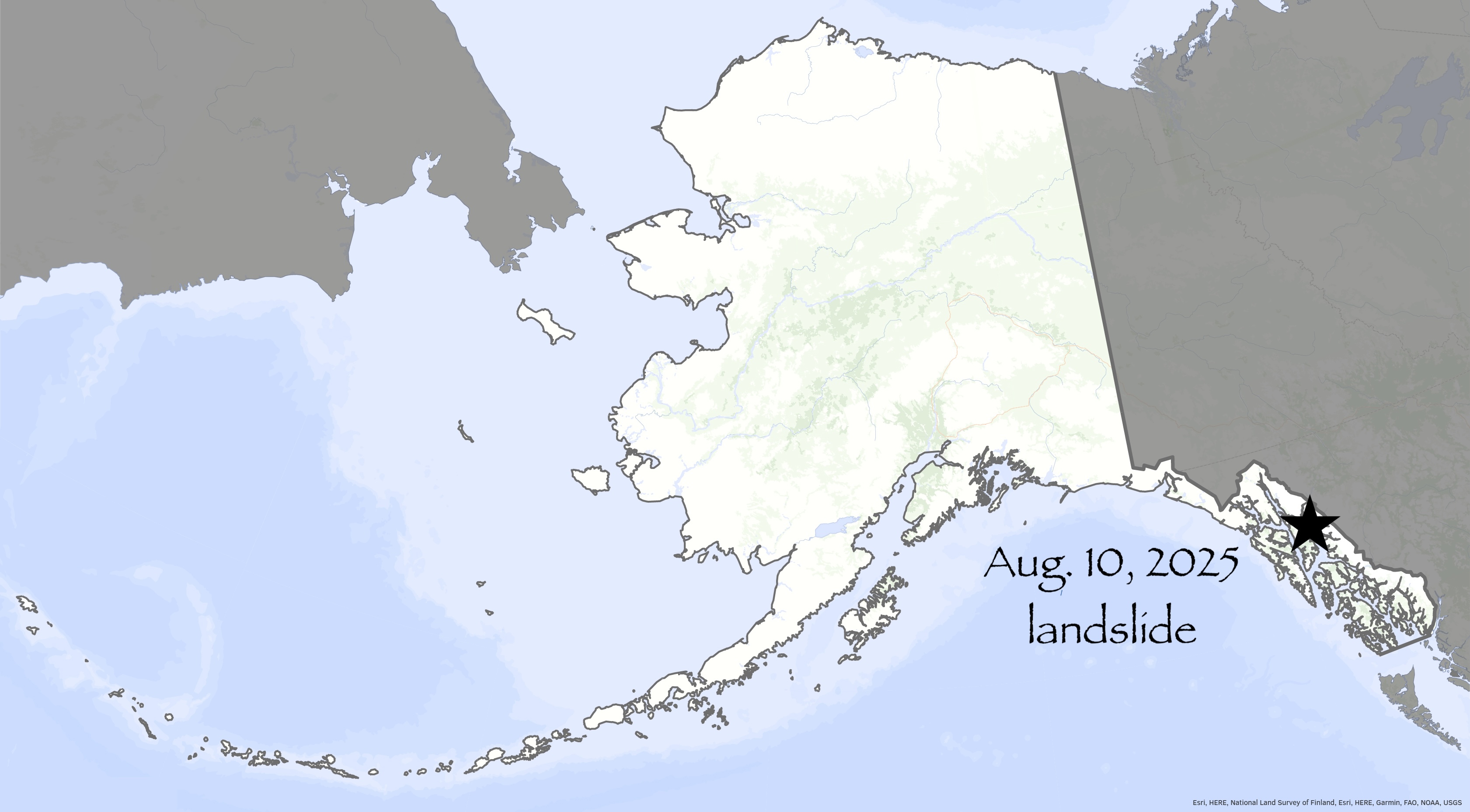 A map of Alaska features a star on the southeastern panhandle marking the location of an Aug. 10, 2025, landslide.