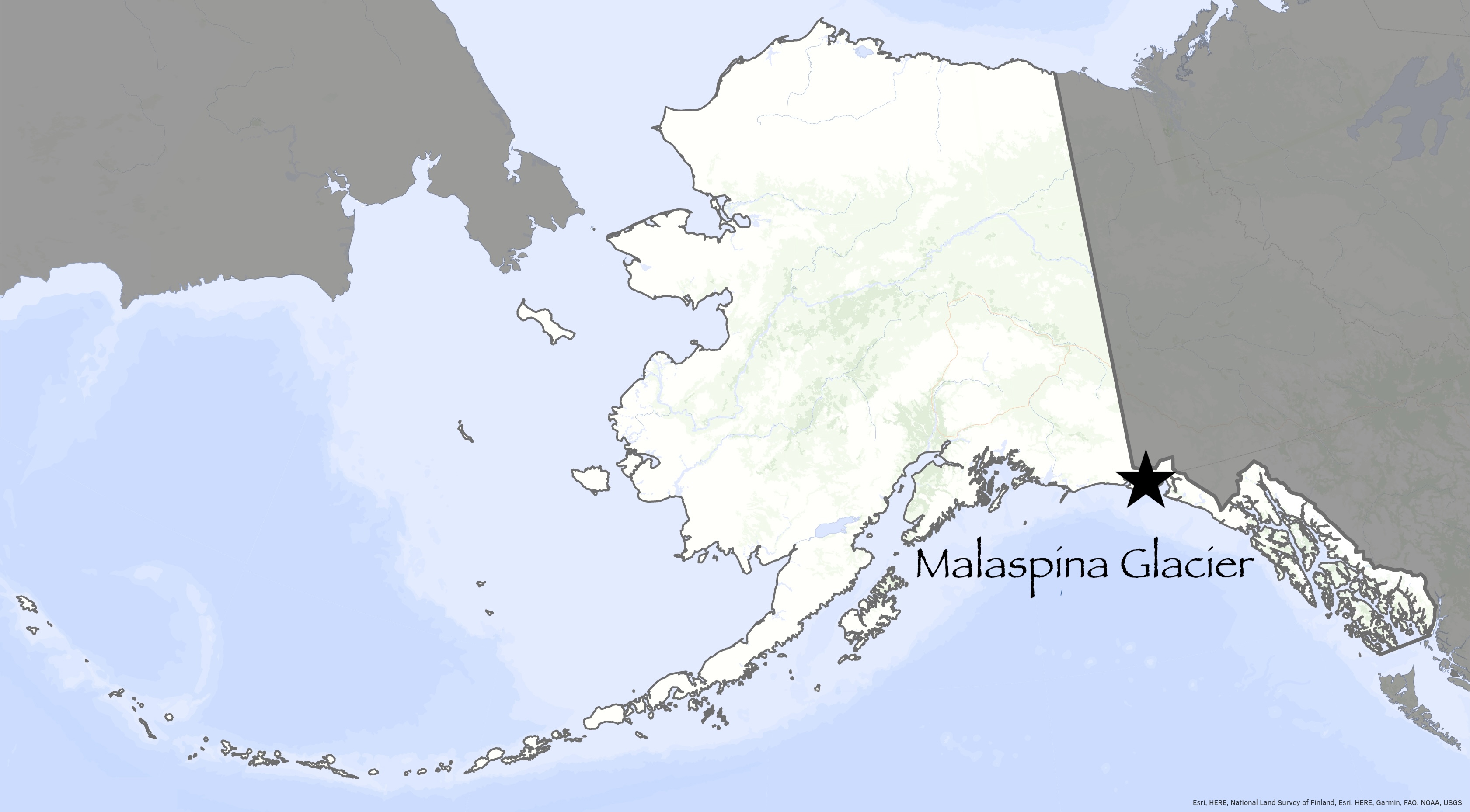 A map of Alaska features a star near the southeast corner, marking the location of Malaspina Glacier.