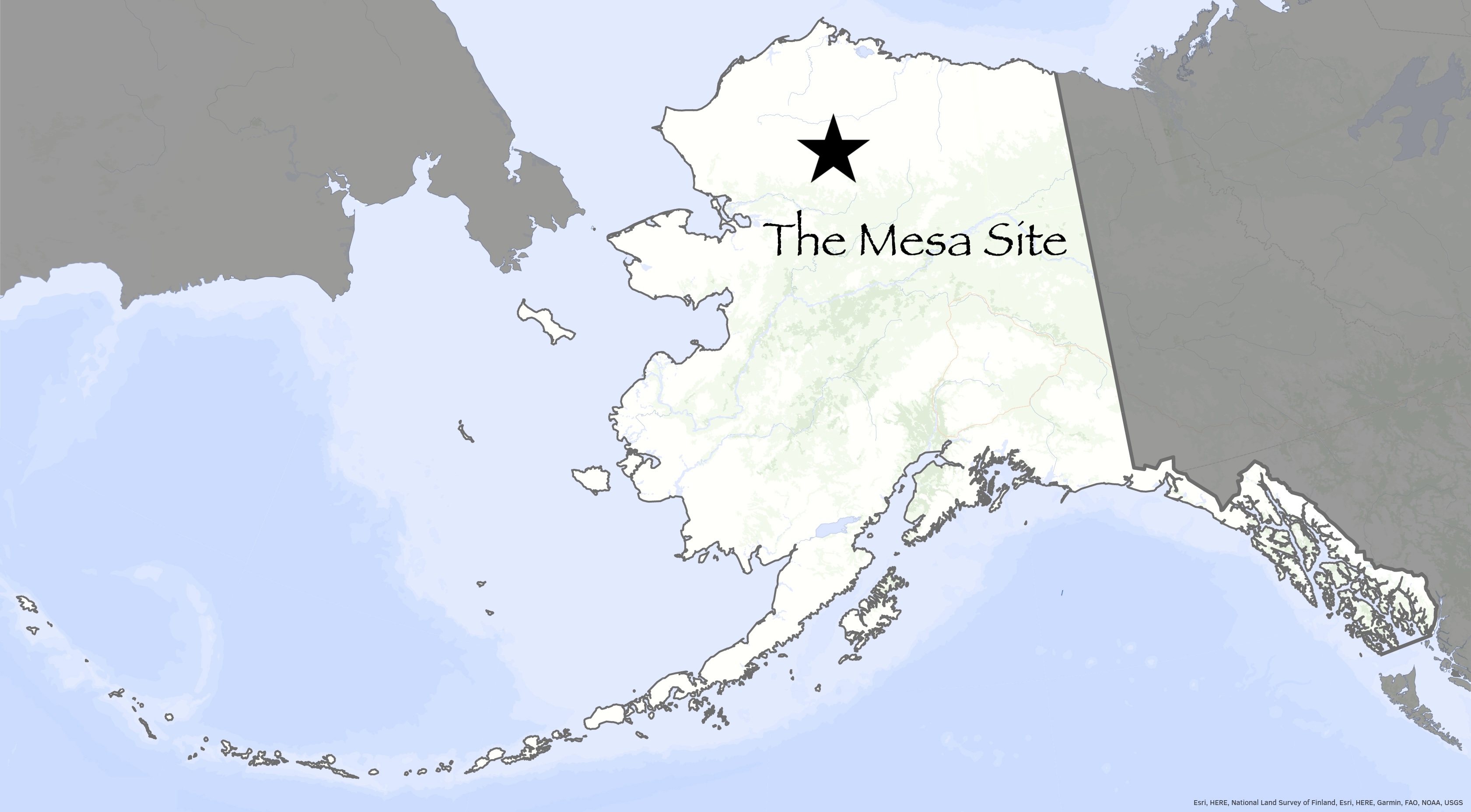A star on a map indicates the location of the Mesa Site in northern Alaska.