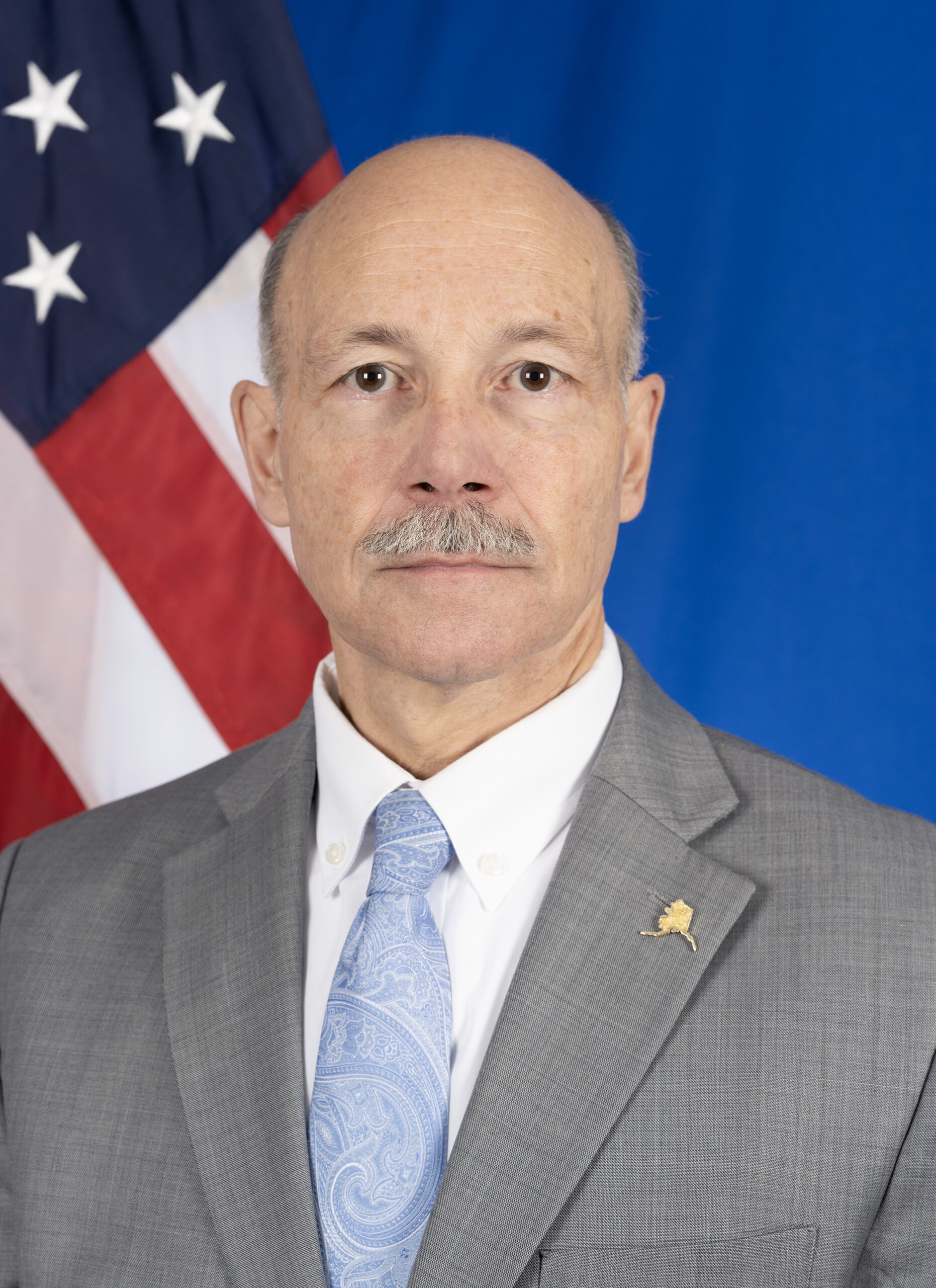 a portrait of a man in a suit with an American flag in the background