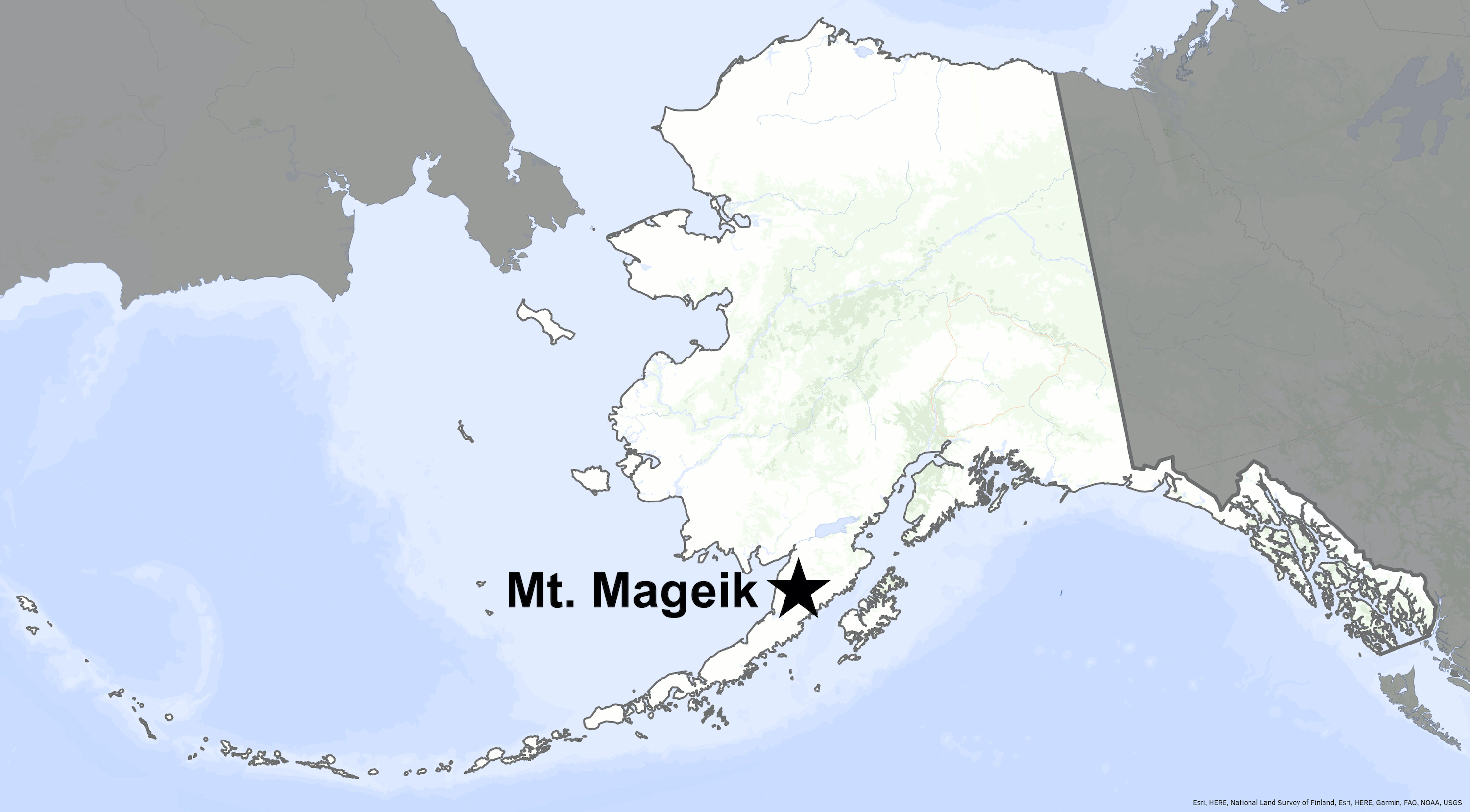 A star on a map of Alaska indicates the location of Mount Mageik.