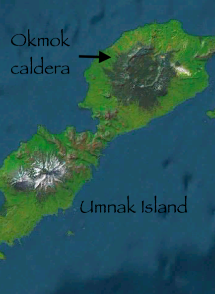 A satellite image shows Umnak Island.