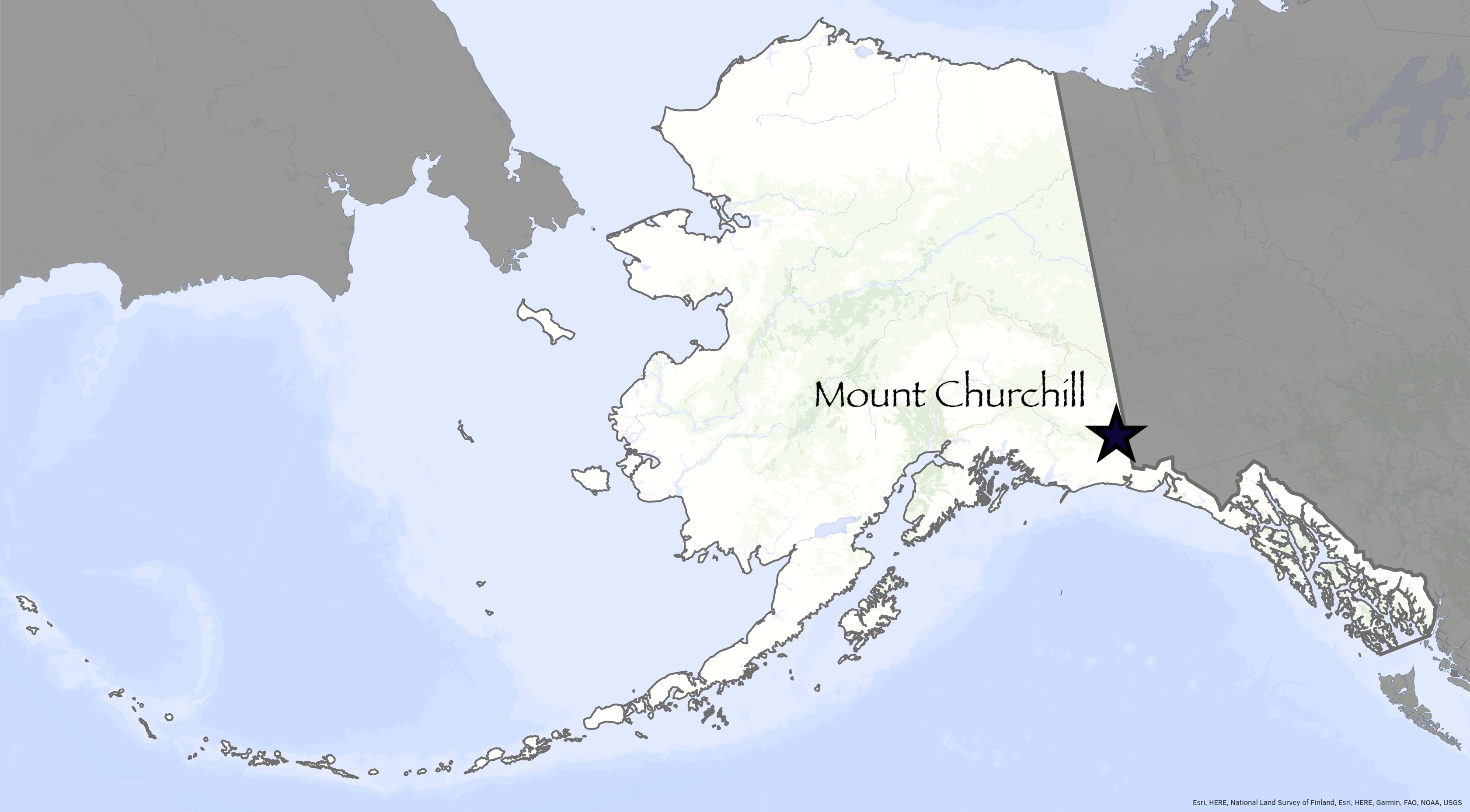 A star on a map of Alaska marks the location of Mount Churchill.