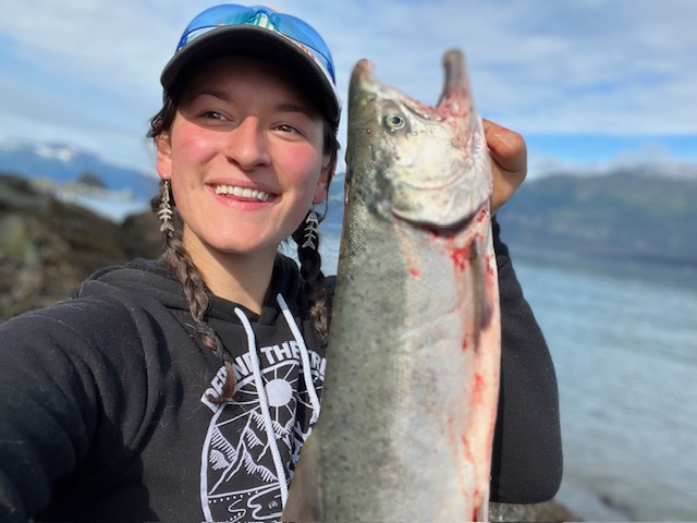 Photo of Isabelle Nicolier with a large fish.