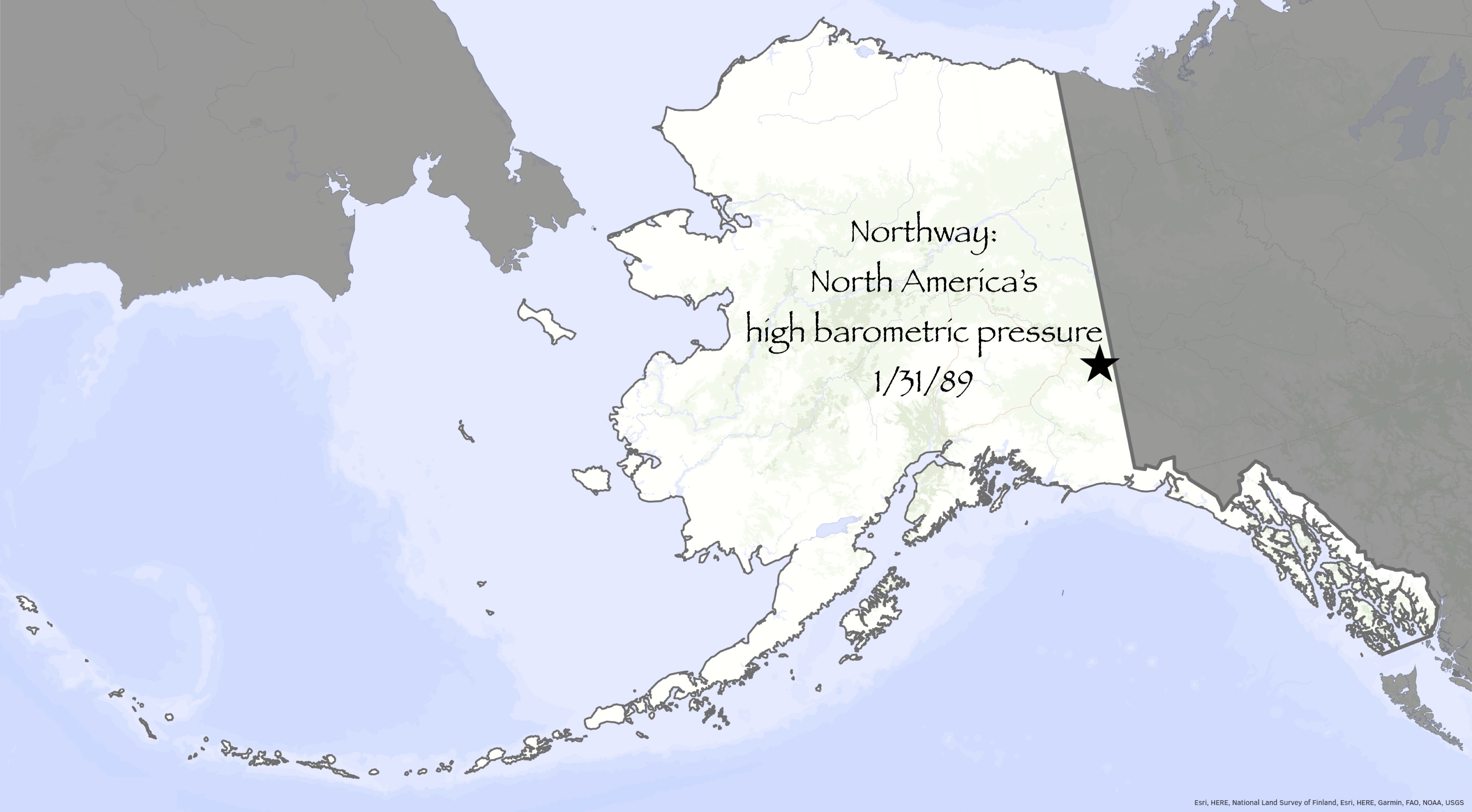 On a map of Alaska, a star in the southeastern mainland, near the Canada border, indicates the location of the village of Northway.