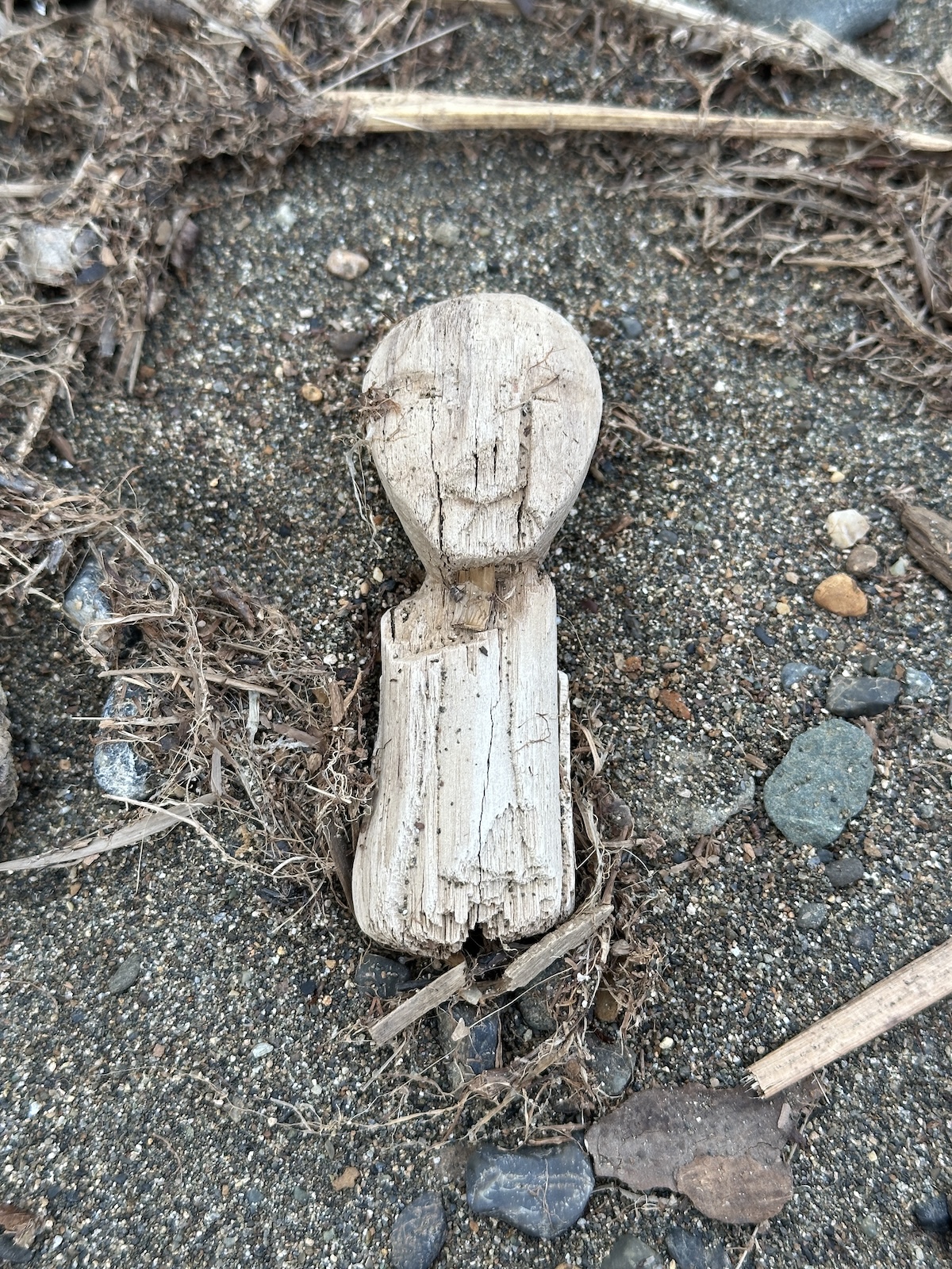 A human figure carved from wood sits amidst driftwood on a rock and sand beach.