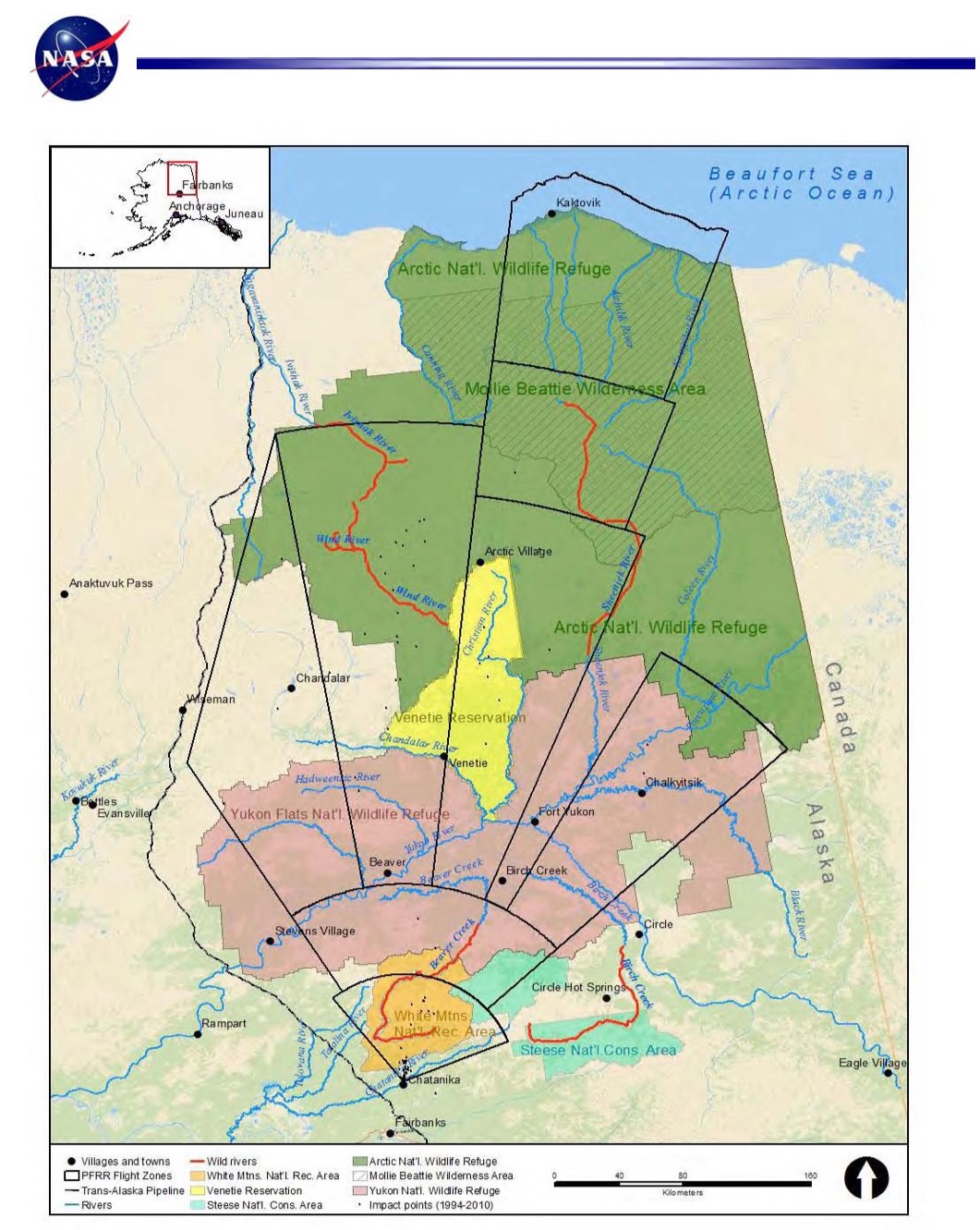 This NASA map shows the federally approved flight corridors for rockets launched from Poker Flat Research Range, with outlined paths extending north from near Fairbanks across interior and northern Alaska. Colored regions mark areas such as the Arctic National Wildlife Refuge, Yukon Flats National Wildlife Refuge and White Mountains National Recreation Area, while rivers, towns and villages are labeled to show where rocket stages may travel or land. 